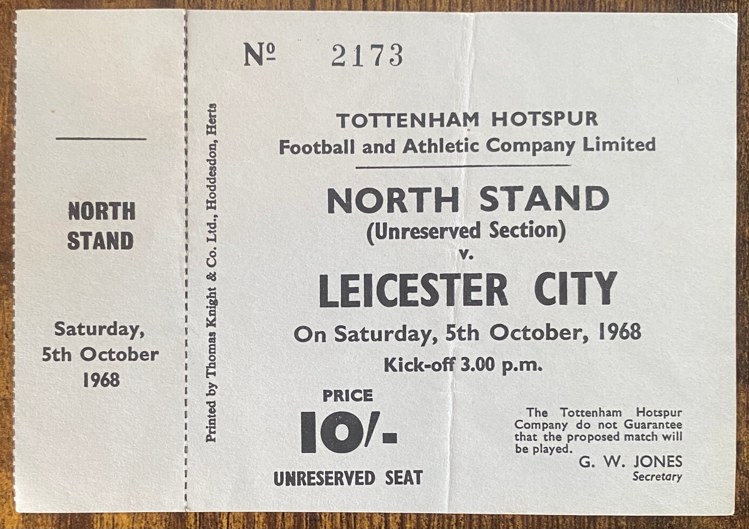 1968/69 ORIGINAL DIVISION ONE UNUSED TICKET TOTTENHAM HOTSPUR V LEICESTER CITY