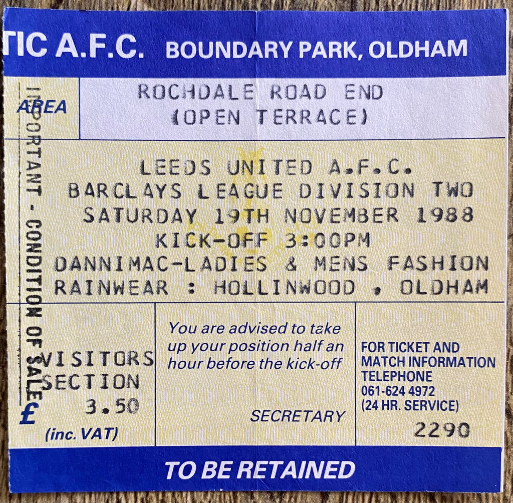 1988/89 ORIGINAL DIVISION 2 TICKET OLDHAM ATHLETIC V LEEDS UNITED