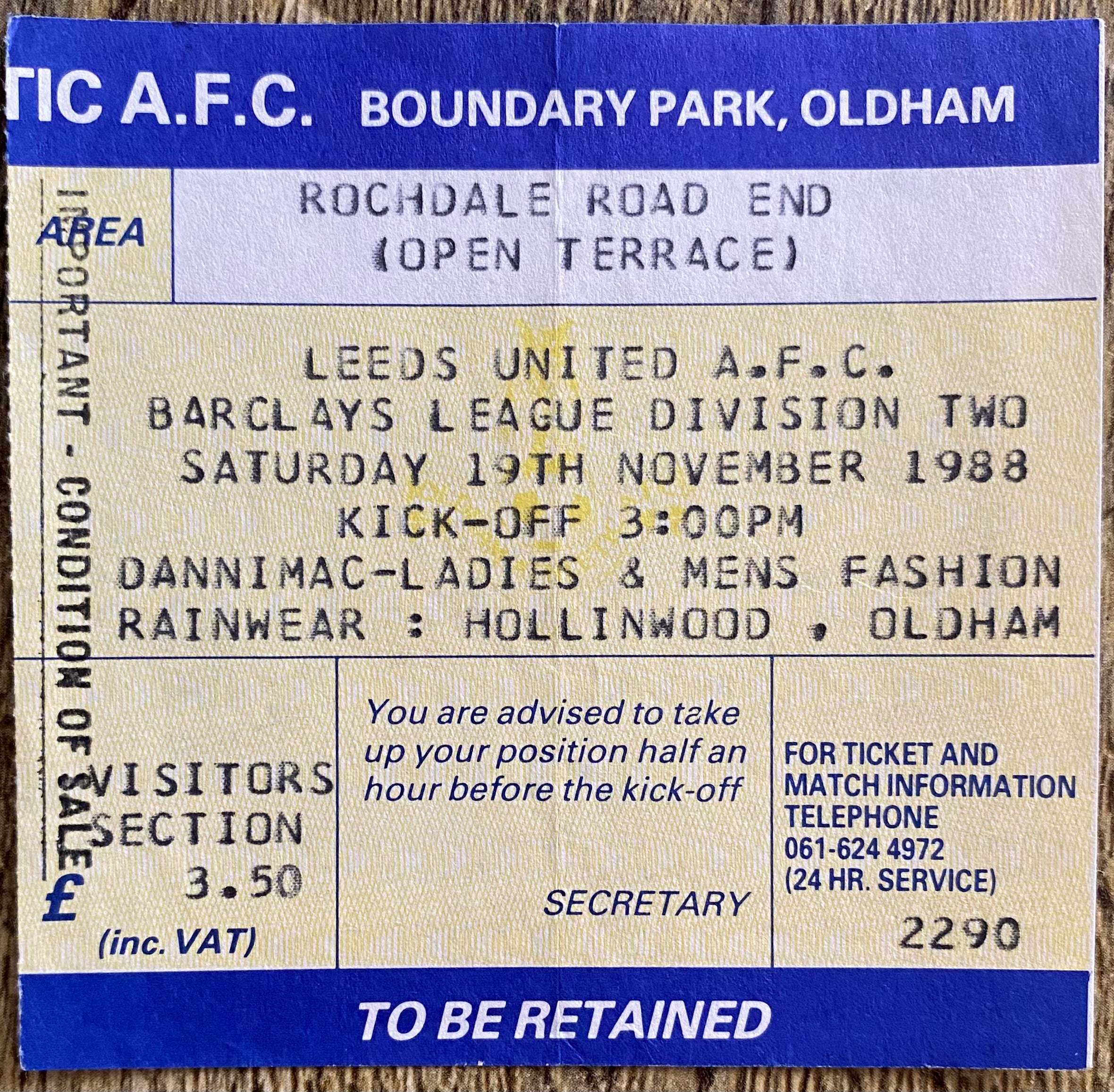 1988/89 ORIGINAL DIVISION 2 TICKET OLDHAM ATHLETIC V LEEDS UNITED