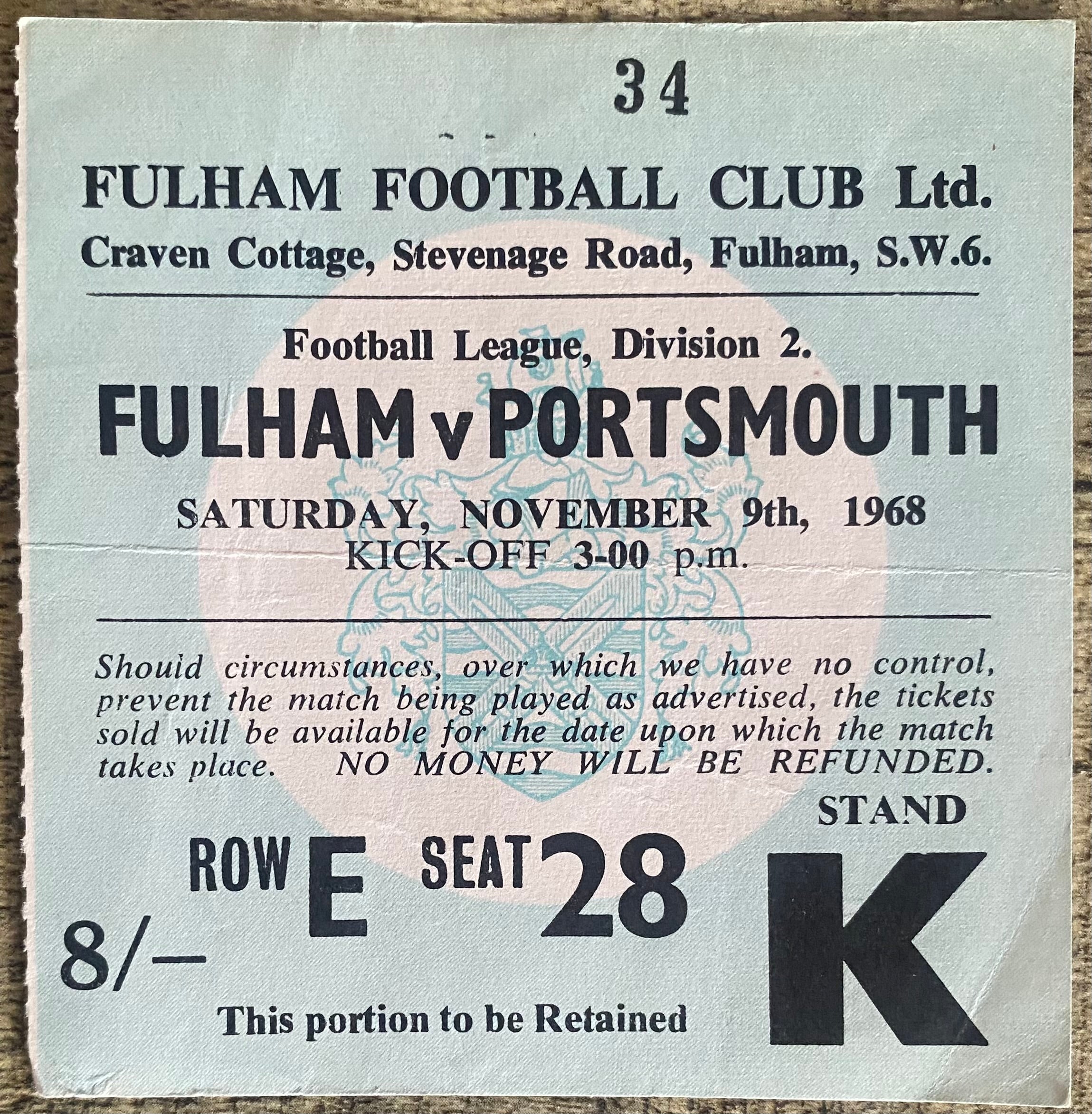 1968/69 ORIGINAL DIVISION 2 TICKET FULHAM V PORTSMOUTH
