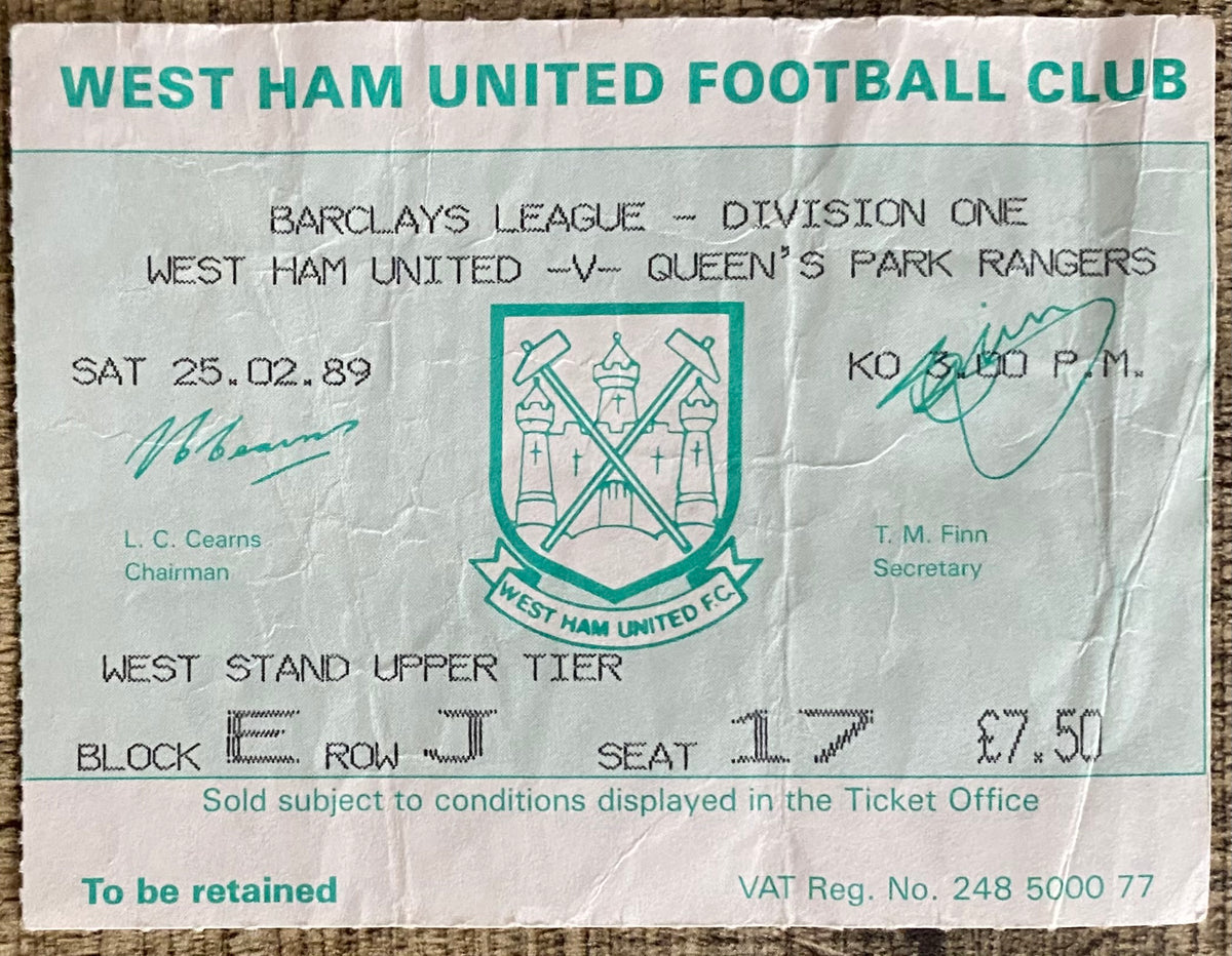 1988/89 ORIGINAL DIVISION ONE TICKET WEST HAM UNITED V QUEENS PARK RANGERS