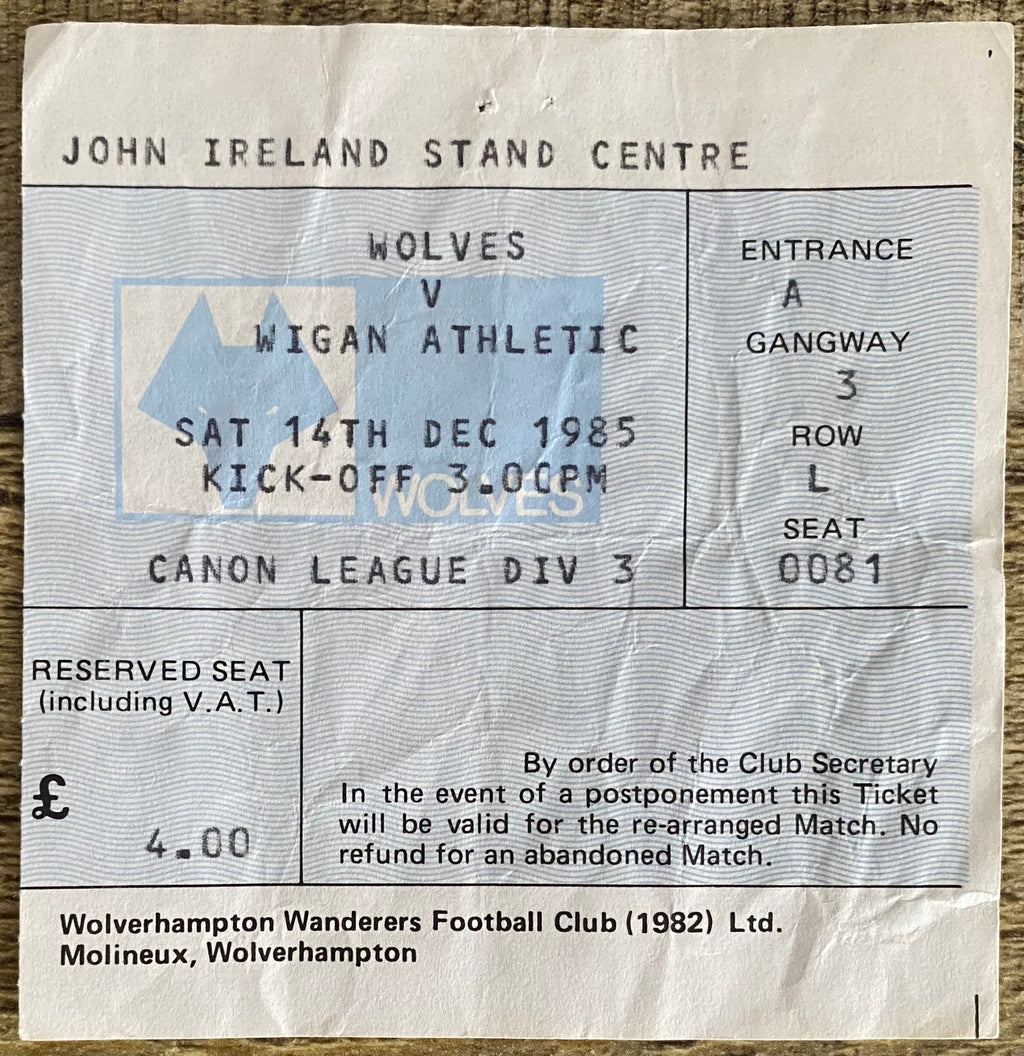 1985/86 ORIGINAL DIVISION 3 TICKET WOLVERHAMPTON WANDERERS V WIGAN ATHLETIC