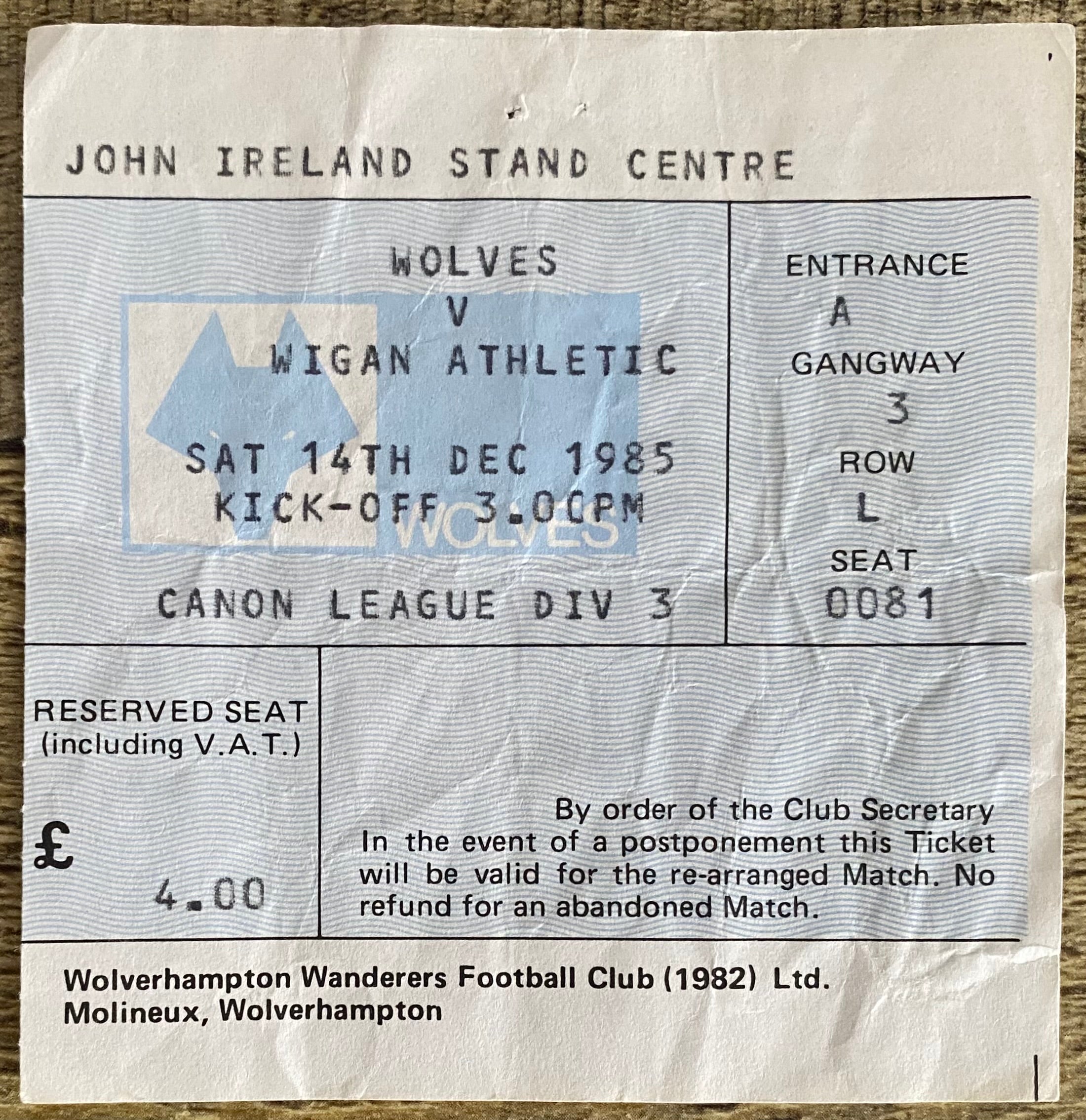 1985/86 ORIGINAL DIVISION 3 TICKET WOLVERHAMPTON WANDERERS V WIGAN ATHLETIC