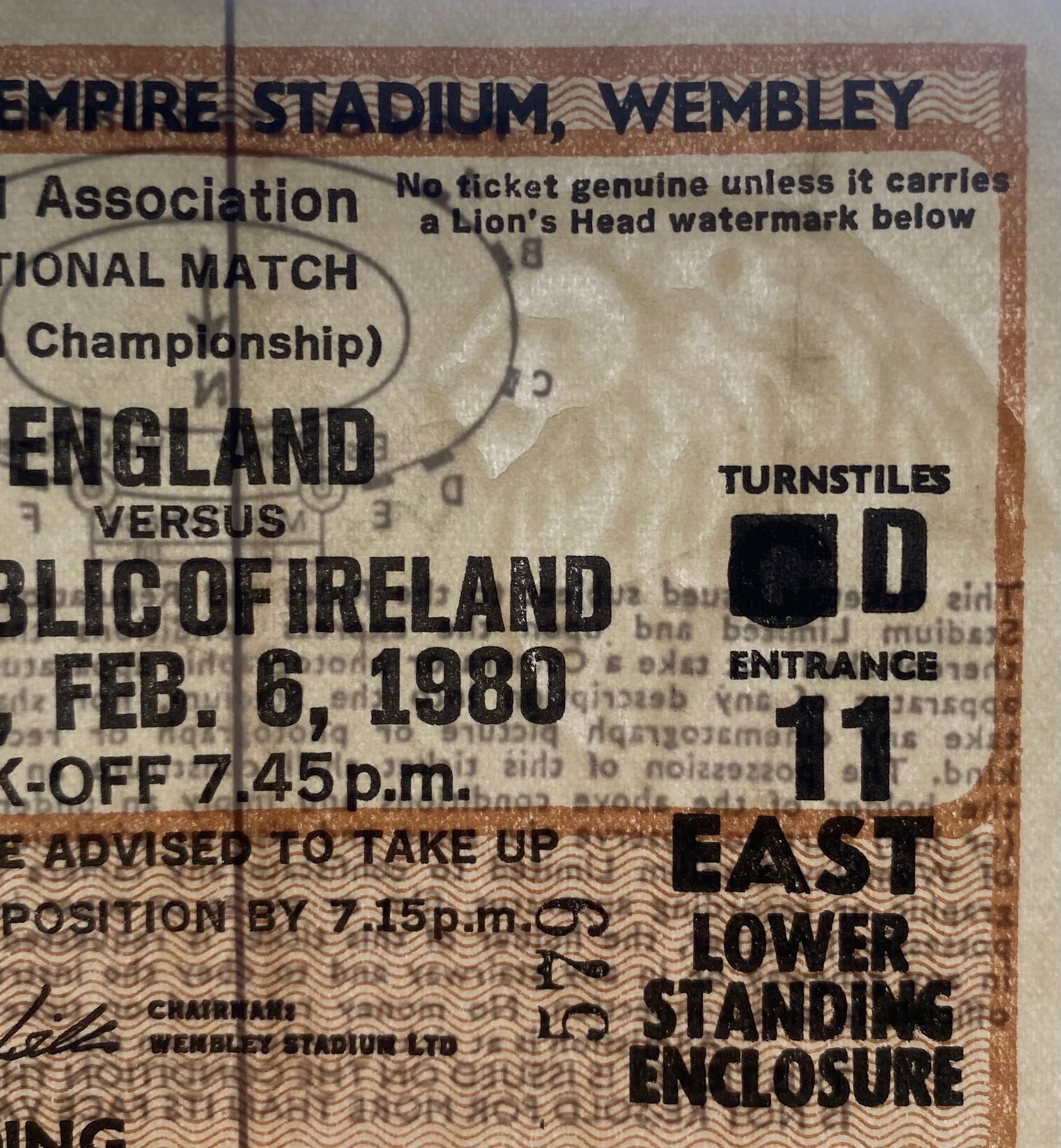 1980 ORIGINAL EUROPEAN CHAMPIONSHIPS QUALIFYING TICKET ENGLAND V REPUBLIC OF IRELAND