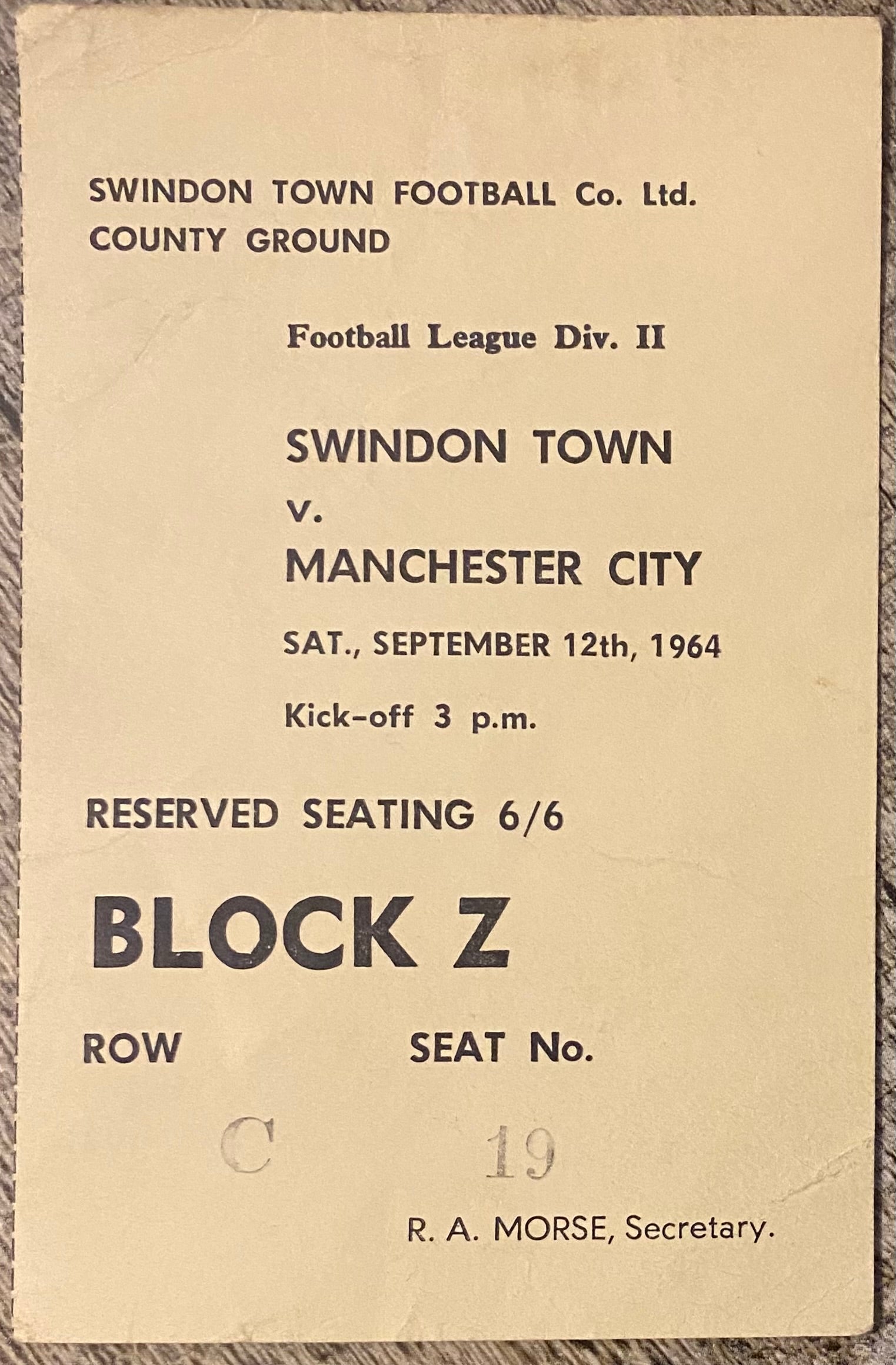 1964/65 ORIGINAL DIVISION 2 TICKET SWINDON TOWN V MANCHESTER CITY
