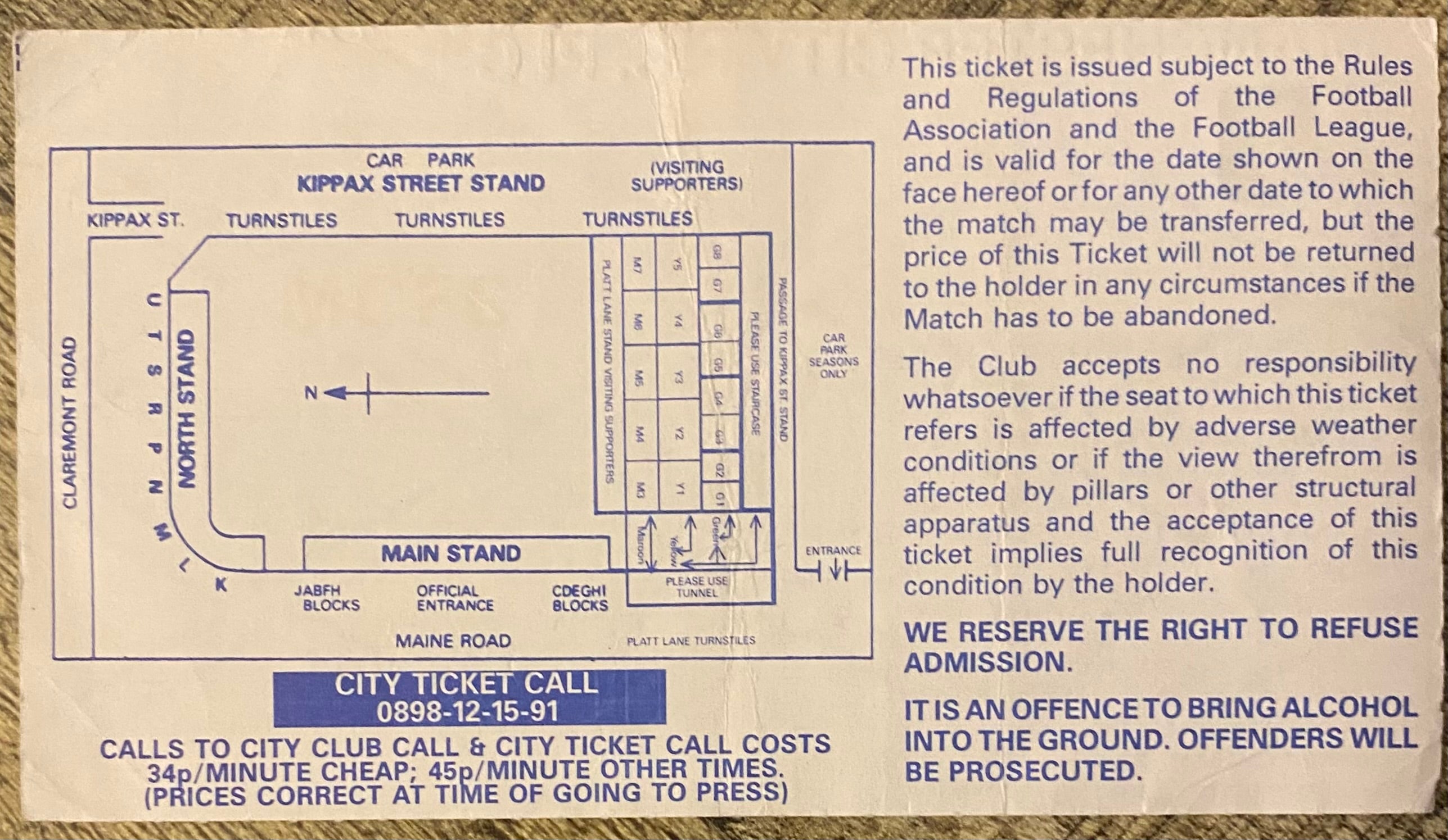 1992/93 ORIGINAL PREMIER LEAGUE TICKET MANCHESTER CITY V ASTON VILLA