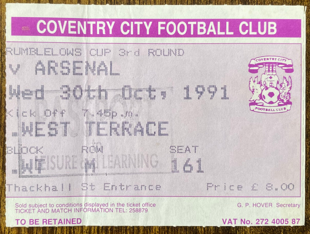 1991/92 ORIGINAL RUMBELOWS CUP 3RD ROUND TICKET COVENTRY CITY V ARSENAL