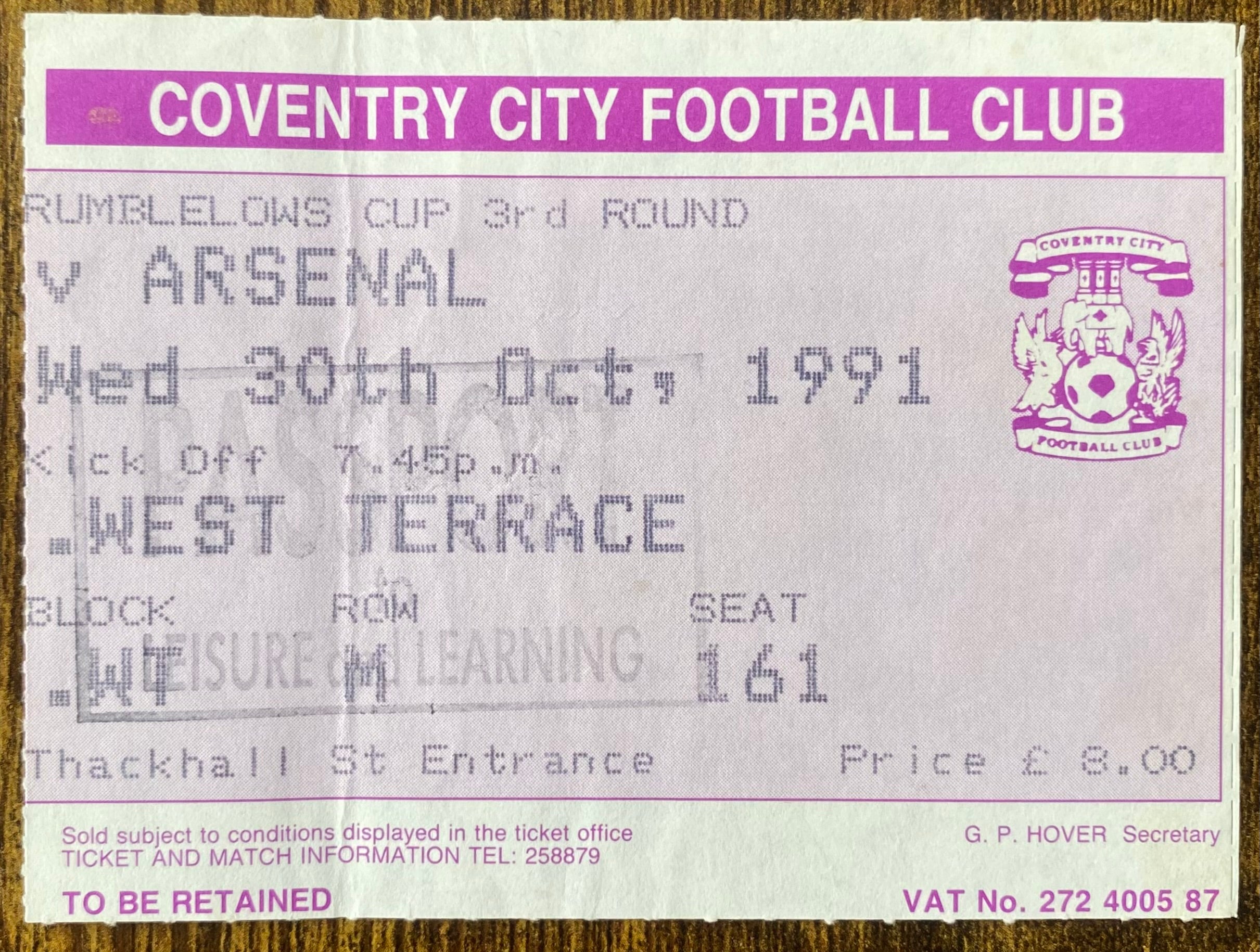 1991/92 ORIGINAL RUMBELOWS CUP 3RD ROUND TICKET COVENTRY CITY V ARSENAL
