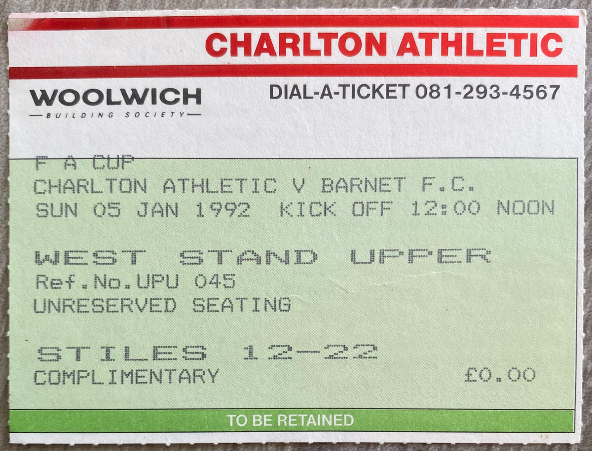 1991/92 ORIGINAL FA CUP 3RD ROUND  TICKET CHARLTON ATHLETIC V BARNET