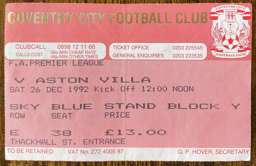 1992/93 ORIGINAL FA PREMIER LEAGUE TICKET COVENTRY CITY V ASTON VILLA
