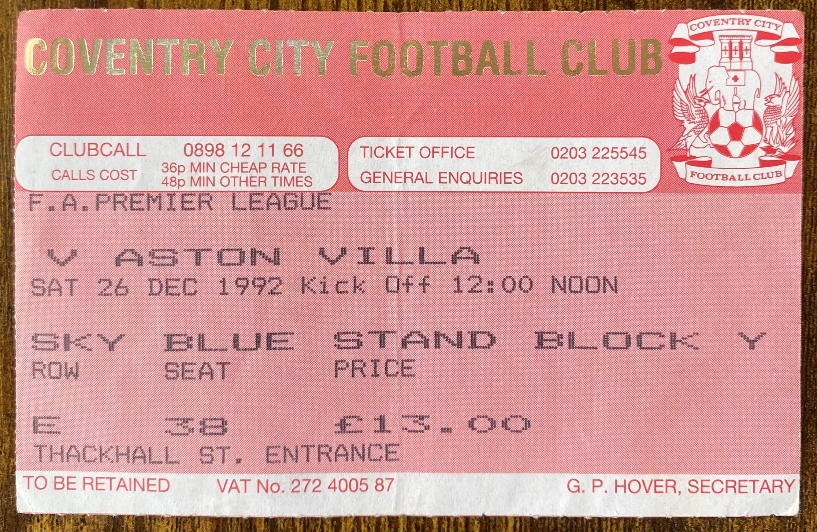 1992/93 ORIGINAL FA PREMIER LEAGUE TICKET COVENTRY CITY V ASTON VILLA