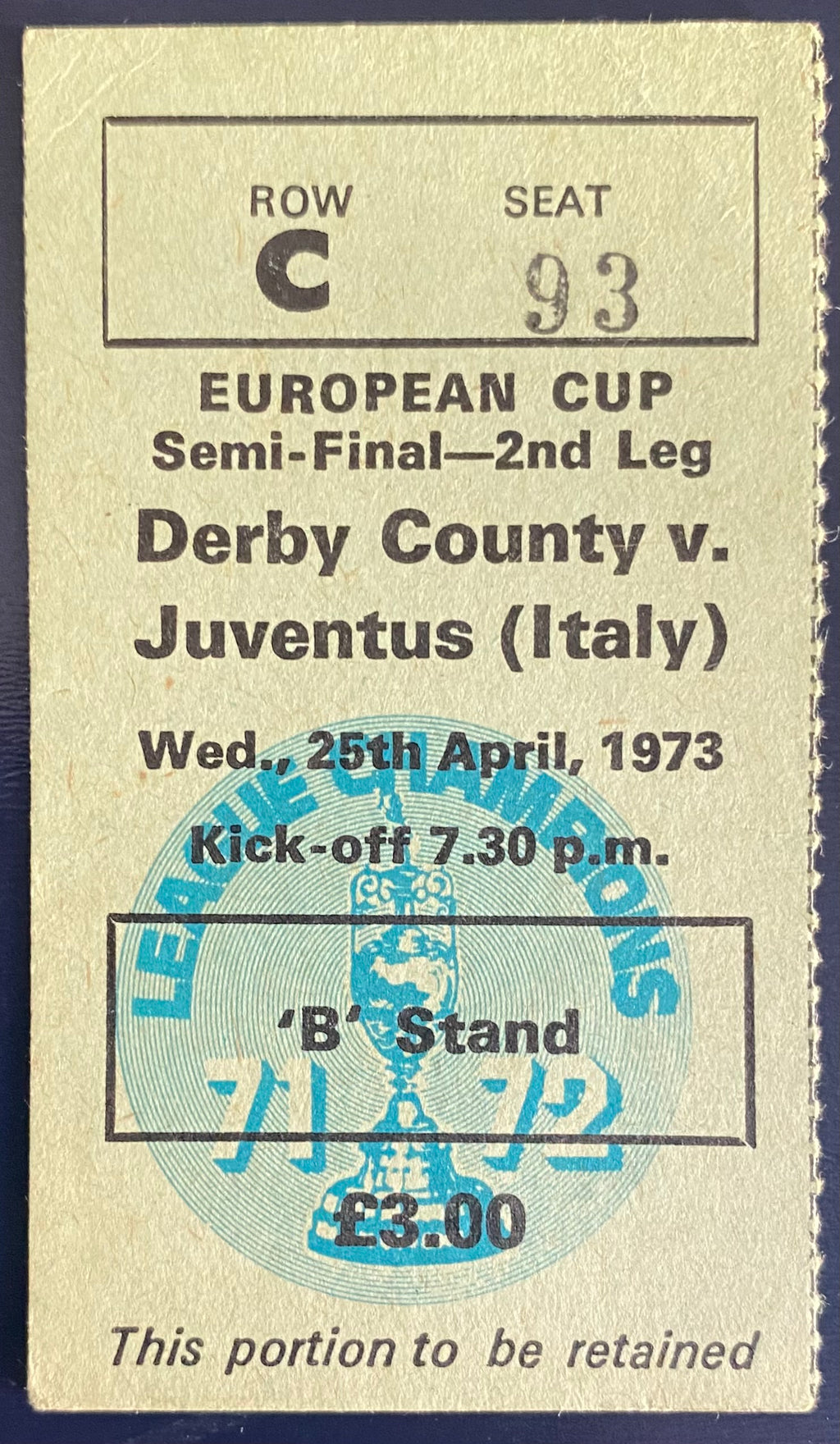 1972/73 ORIGINAL EUROPEAN CUP SEMI FINAL 2ND LEG TICKET DERBY COUNTY V JUVENTUS