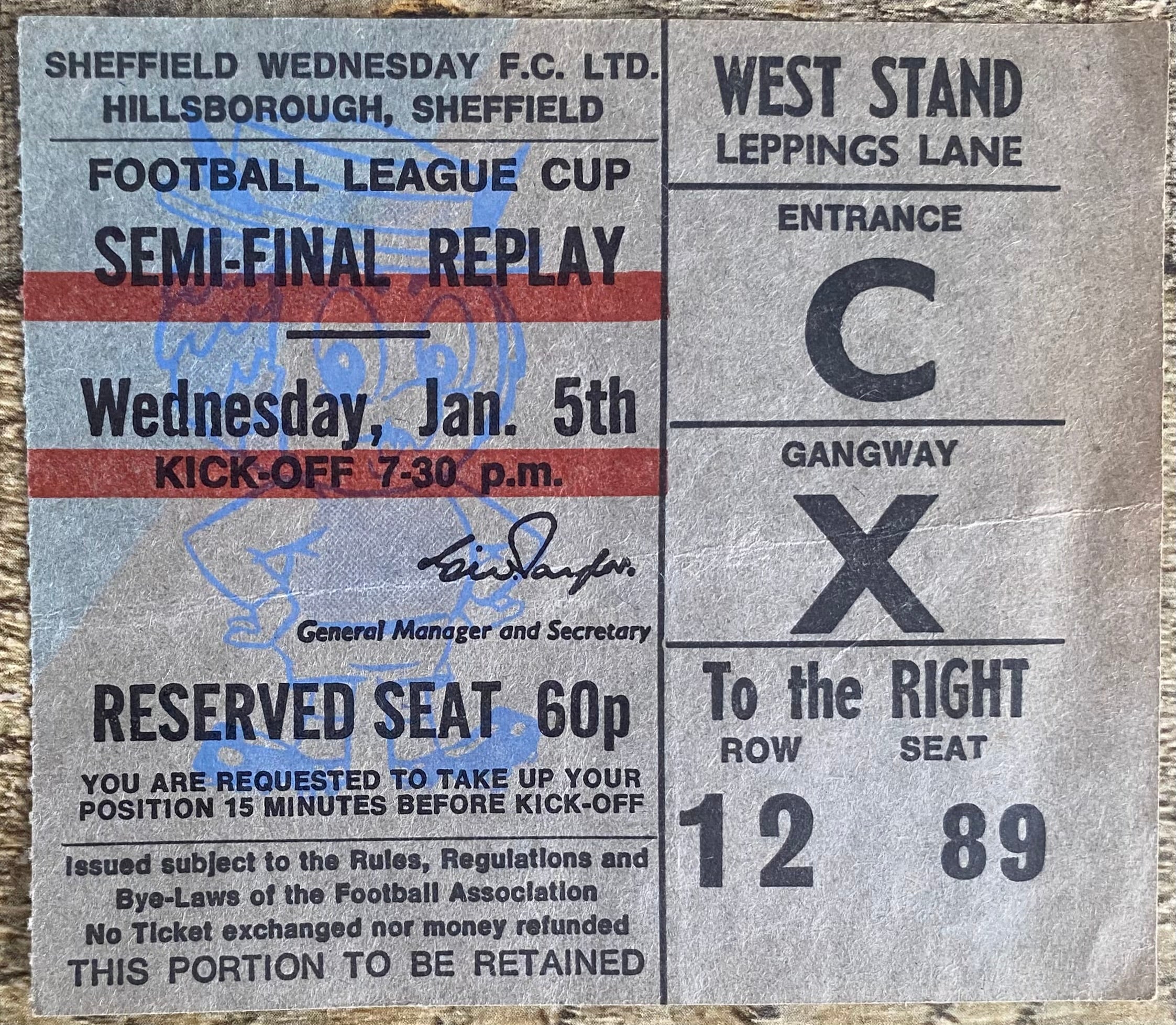 1971/72 ORIGINAL LEAGUE CUP SEMI FINAL REPLAY TICKET WEST HAM UNITED V STOKE CITY @ HILLSBOROUGH