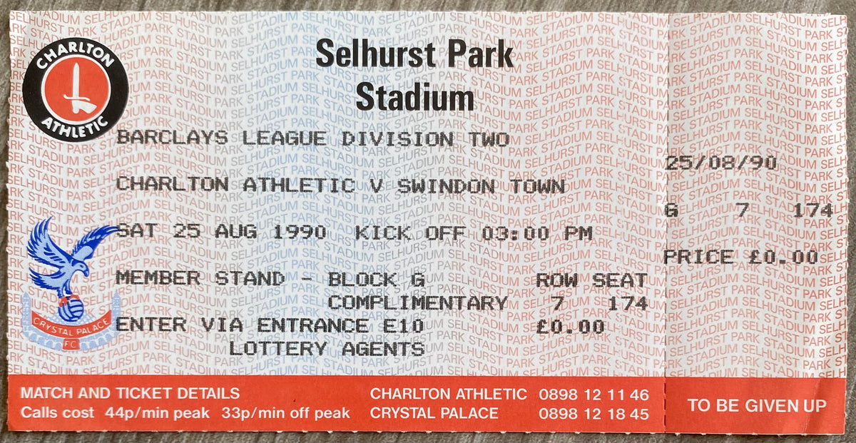 1990/91 ORIGINAL DIVISION 2 UNUSED TICKET CHARLTON ATHLETIC V SWINDON TOWN