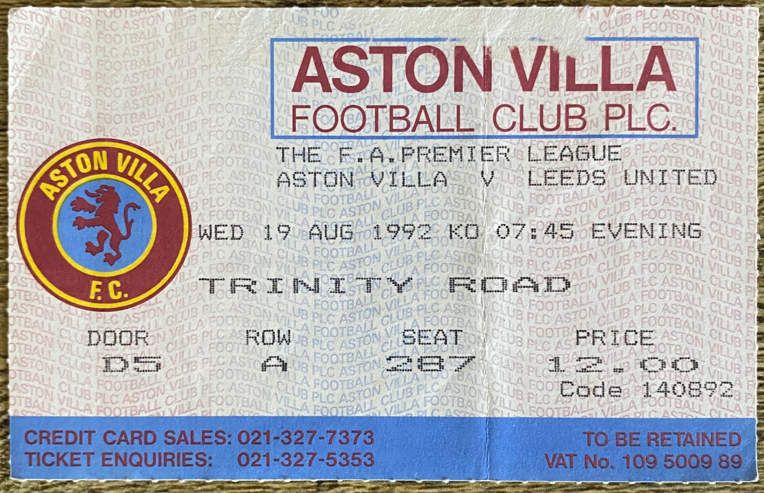 1992/93 ORIGINAL PREMIER LEAGUE TICKET ASTON VILLA V LEEDS UNITED
