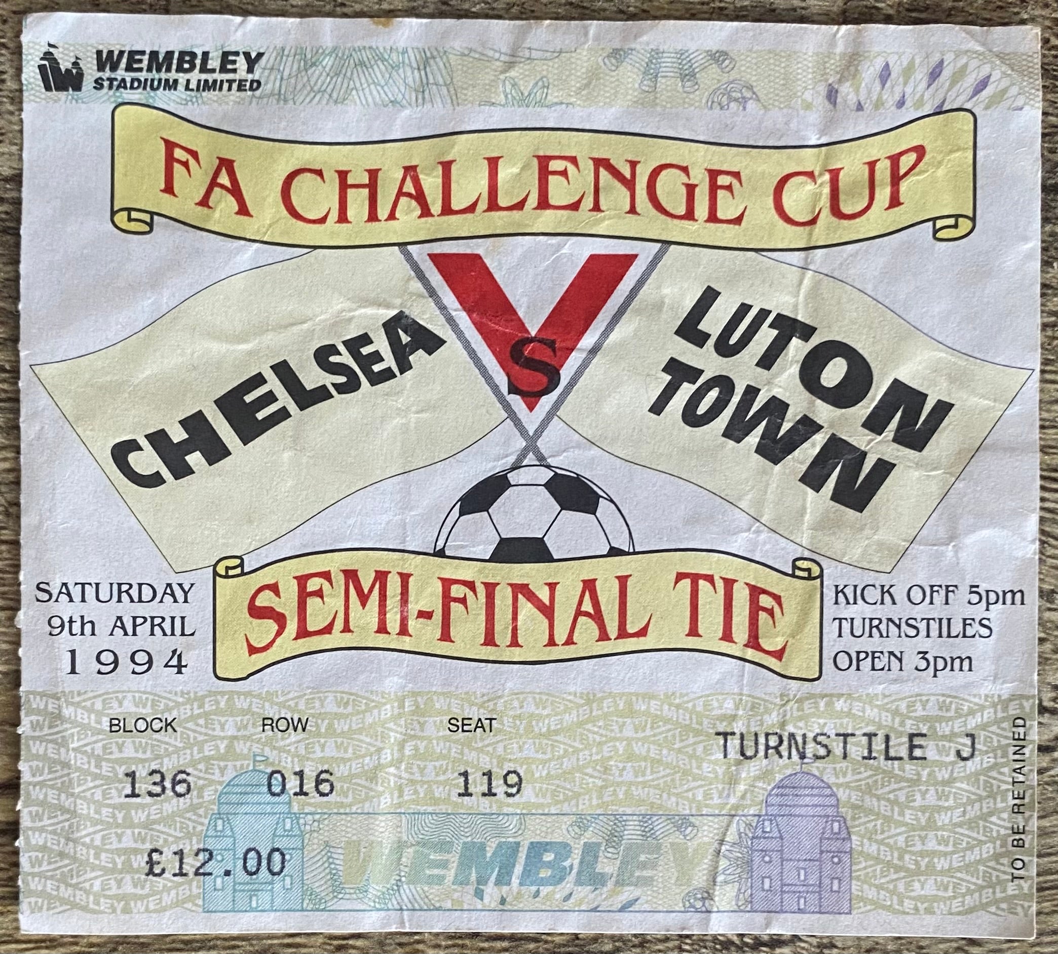 1994 ORIGINAL FA CUP SEMI FINAL TICKET CHELSEA V LUTON TOWN