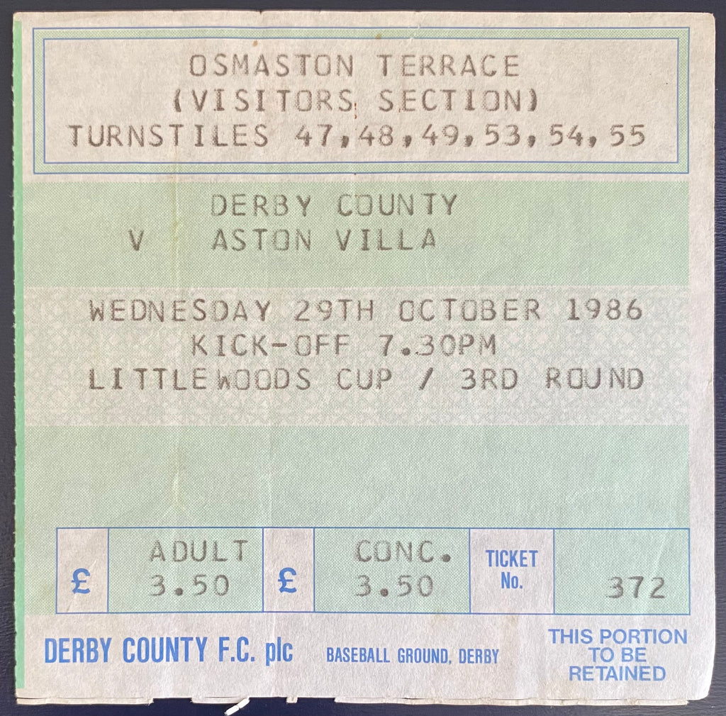 1986/87 ORIGINAL LITTLEWOODS CUP 3RD ROUND TICKET DERBY COUNTY V ASTON VILLA