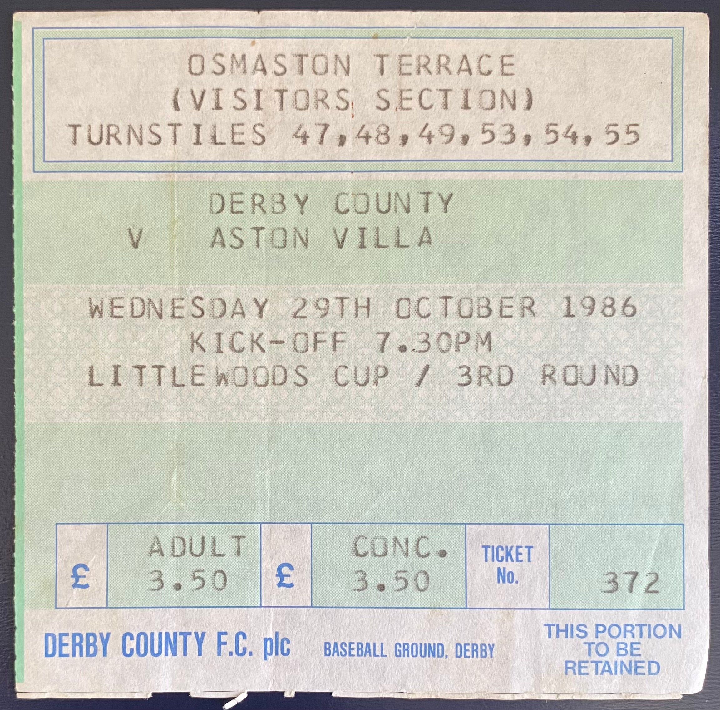 1986/87 ORIGINAL LITTLEWOODS CUP 3RD ROUND TICKET DERBY COUNTY V ASTON VILLA