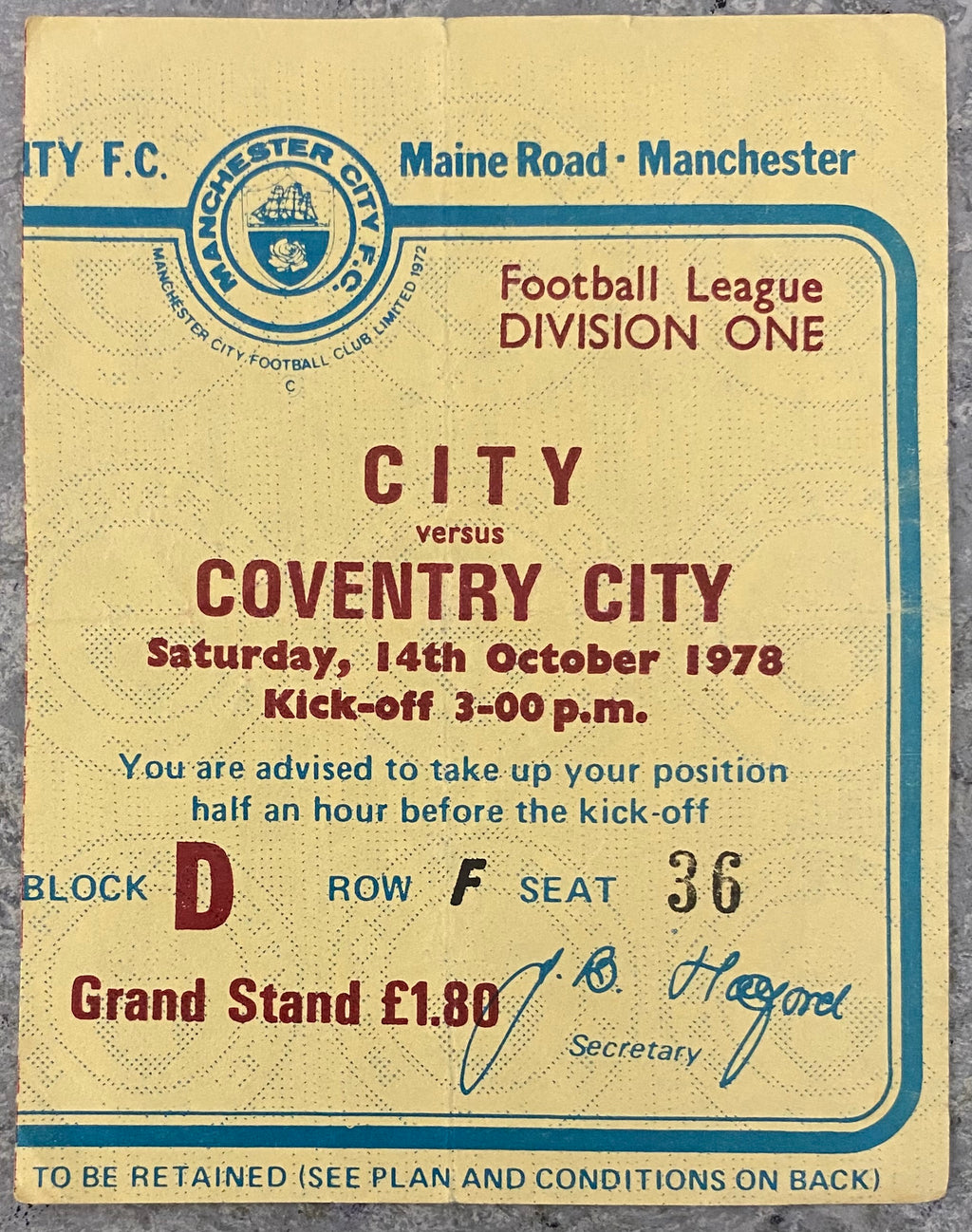 1978/79 ORIGINAL DIVISION 1 TICKET MANCHESTER CITY V COVENTRY CITY