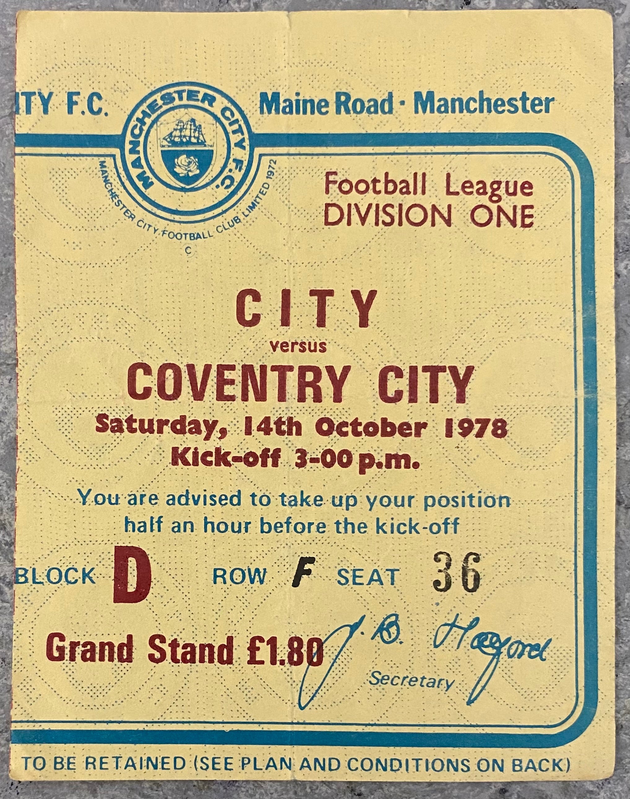 1978/79 ORIGINAL DIVISION 1 TICKET MANCHESTER CITY V COVENTRY CITY