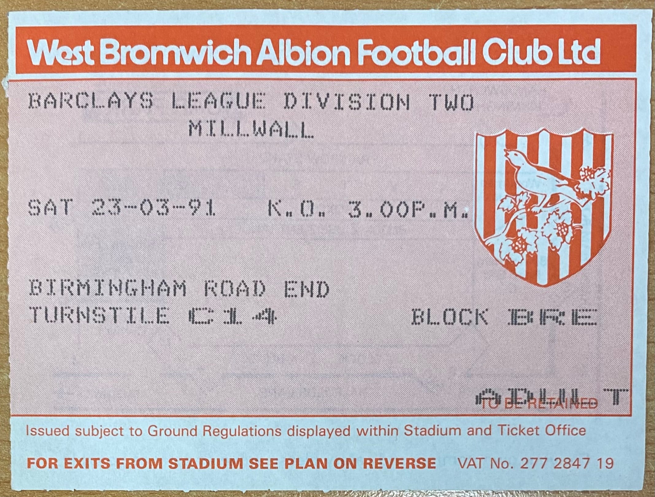 1990/91 ORIGINAL DIVISION 2 TICKET WEST BROMWICH ALBION V MILLWALL