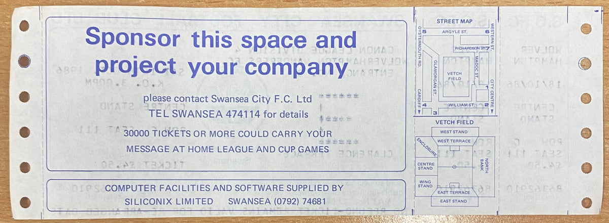 1986/87 ORIGINAL DIVISION 4 UNUSED TICKET SWANSEA CITY V WOLVERHAMPTON WANDERERS