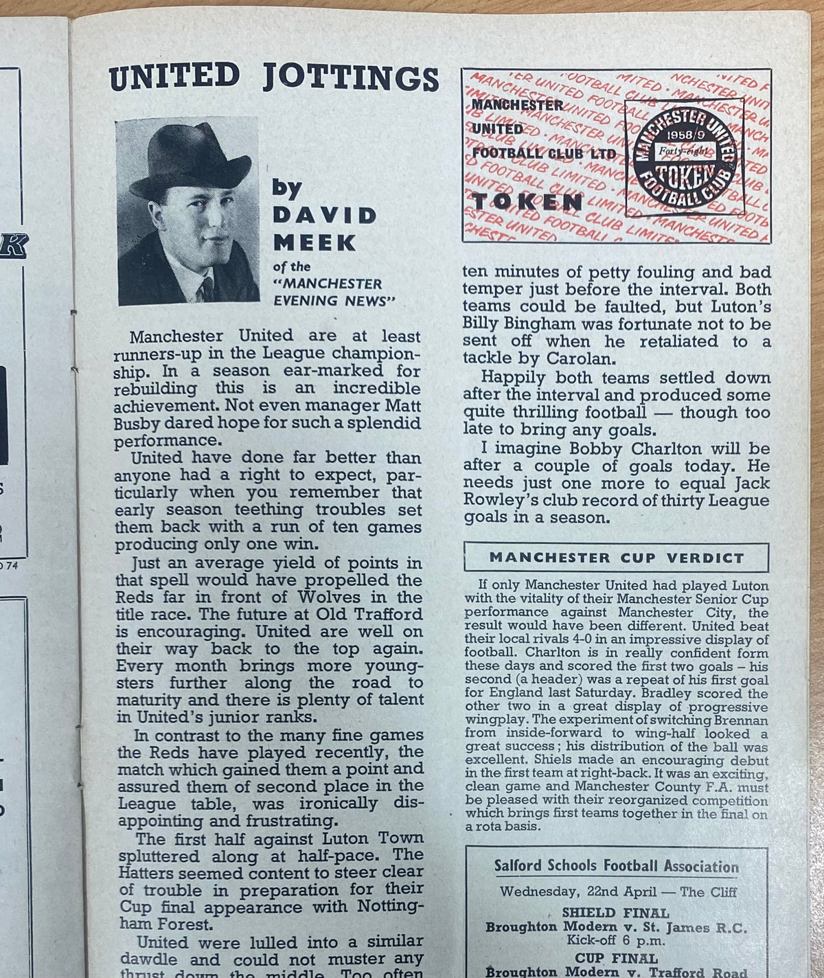 1958/59 ORIGINAL DIVISION ONE PROGRAMME MANCHESTER UNITED V BIRMINGHAM CITY