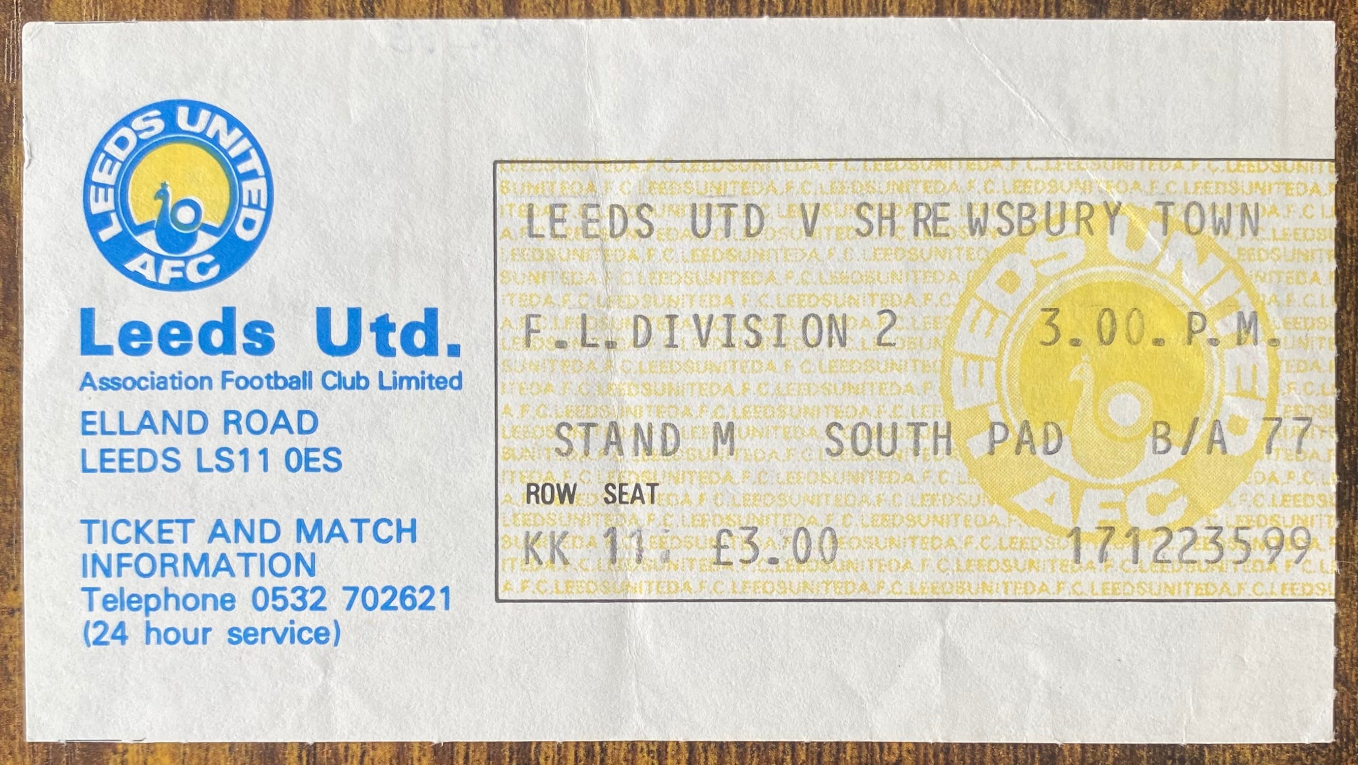 1982/83 ORIGINAL DIVISION TWO TICKET LEEDS UNITED V SHREWSBURY TOWN