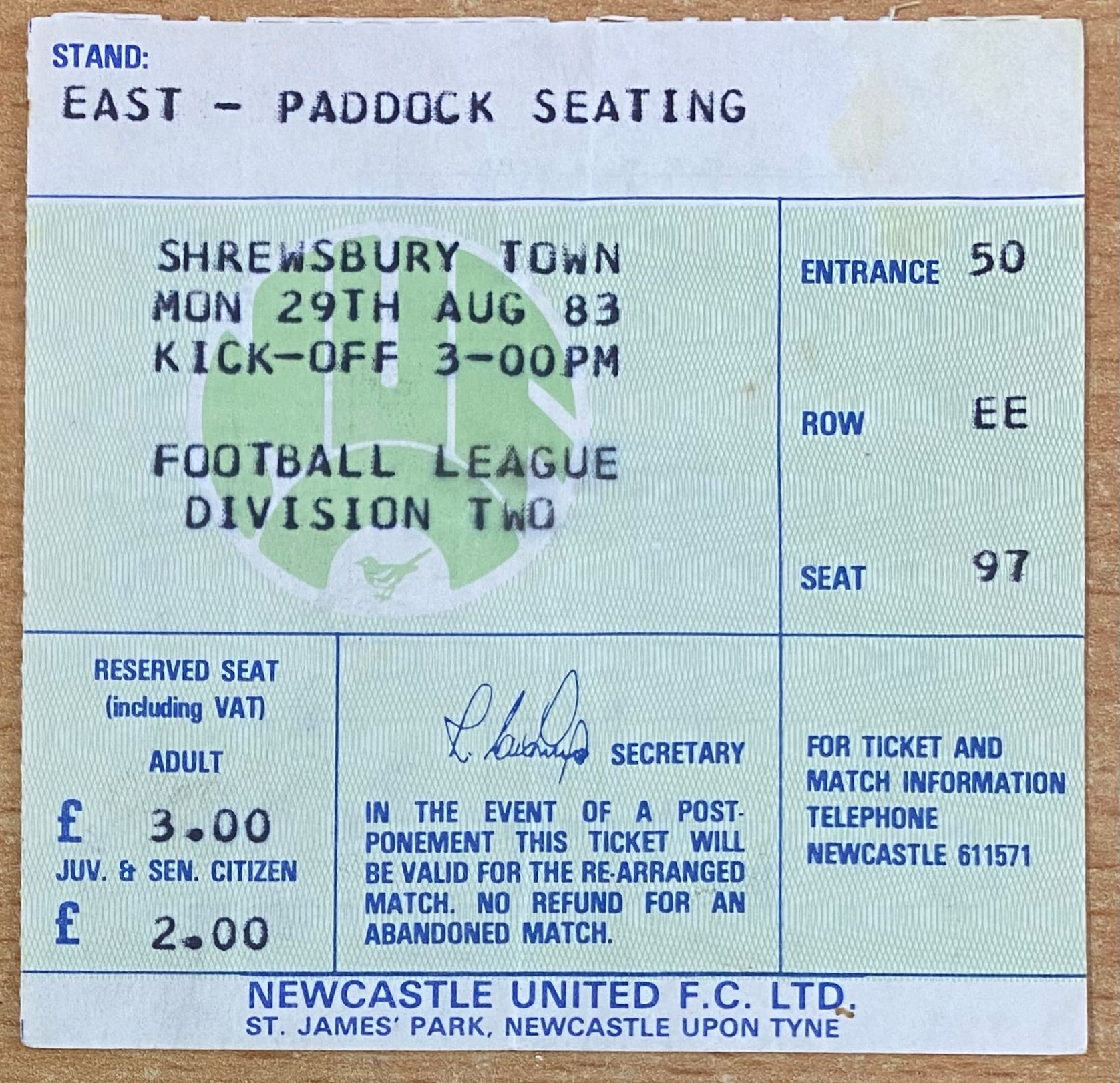 1983/84 ORIGINAL DIVISION 2 TICKET NEWCASTLE UNITED V SHREWSBURY TOWN