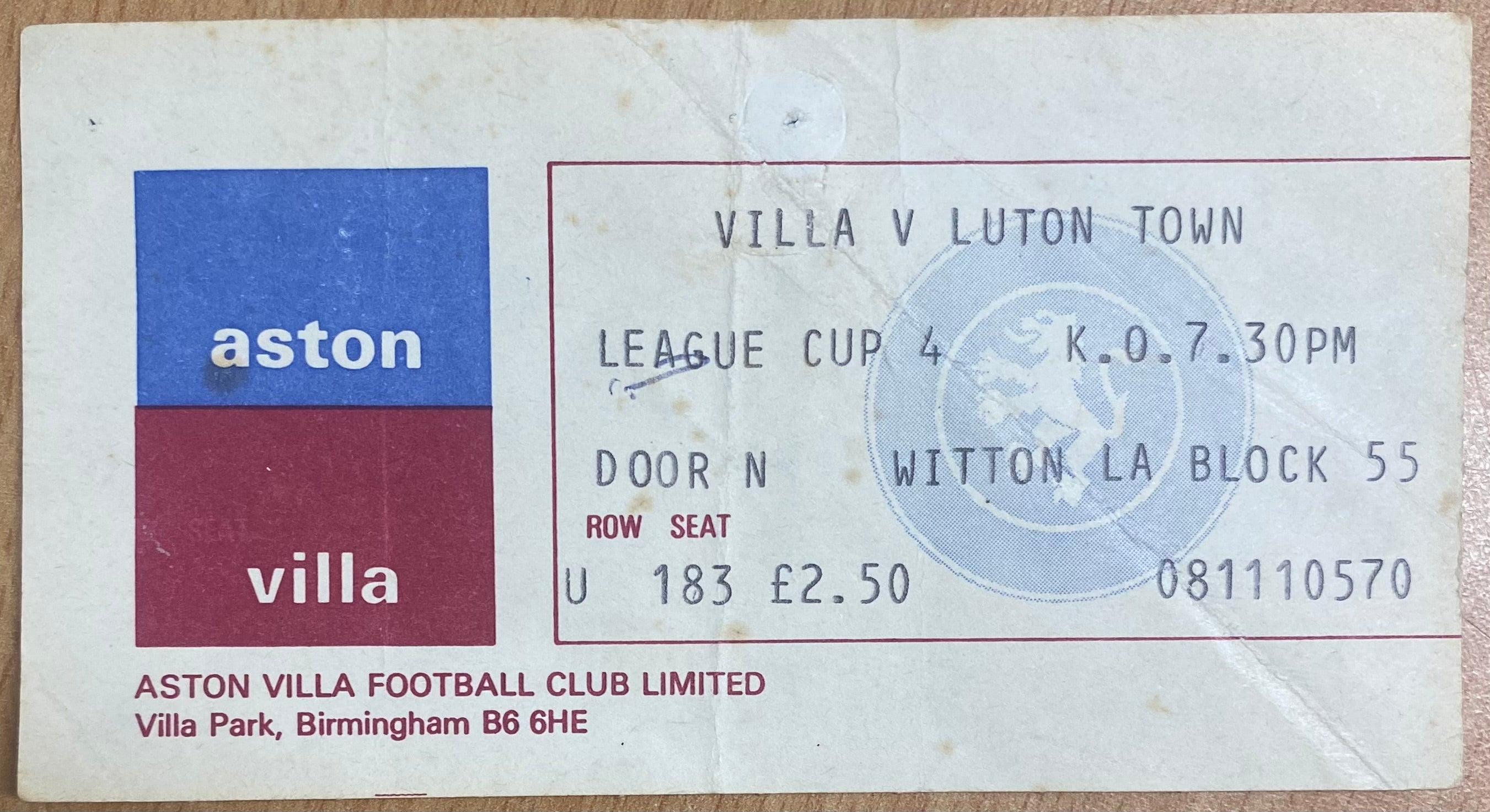 1978/79 ORIGINAL LEAGUE CUP 4TH ROUND TICKET ASTON VILLA V LUTON TOWN