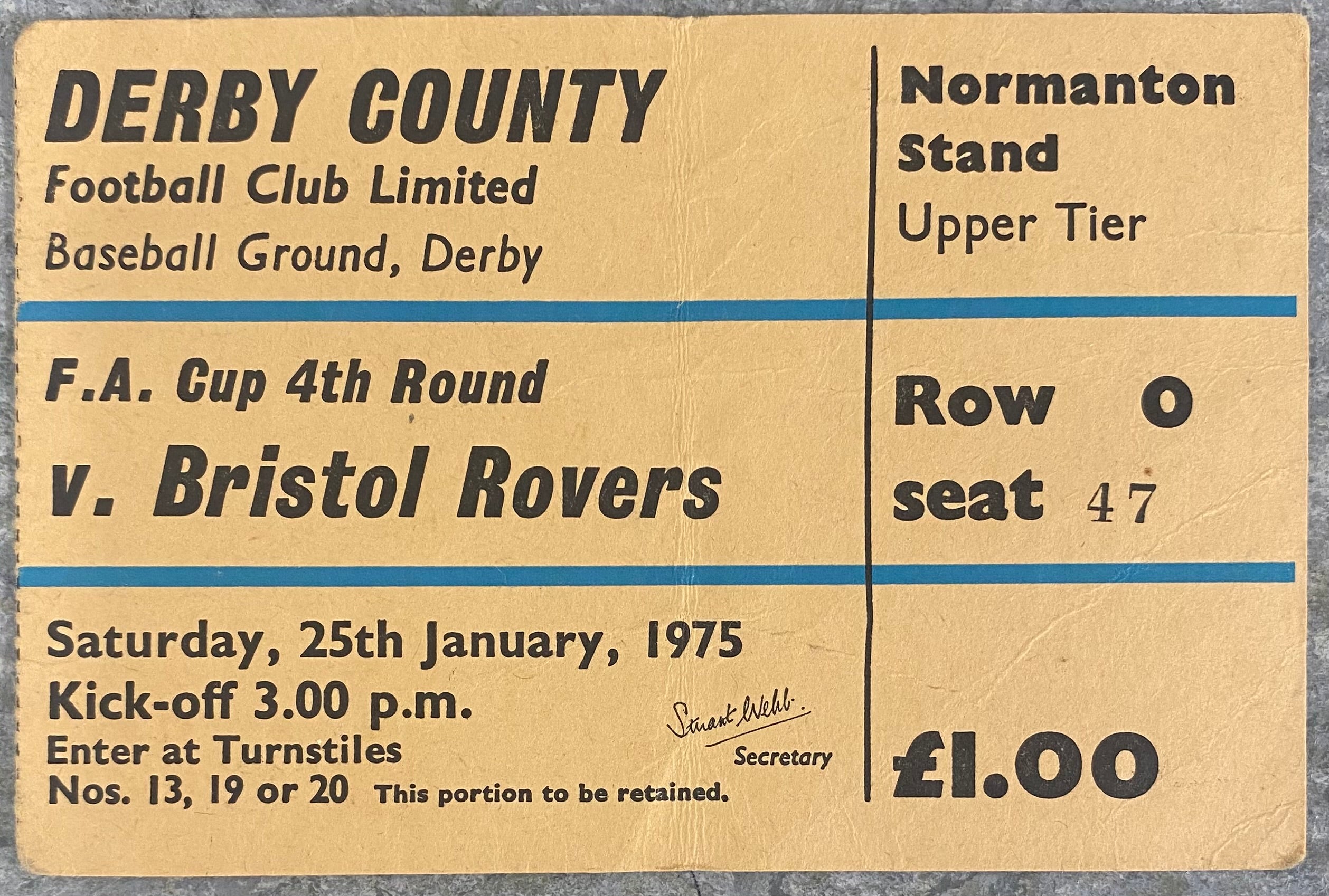 1974/75 ORIGINAL FA CUP 4TH ROUND TICKET DERBY COUNTY V BRISTOL ROVERS