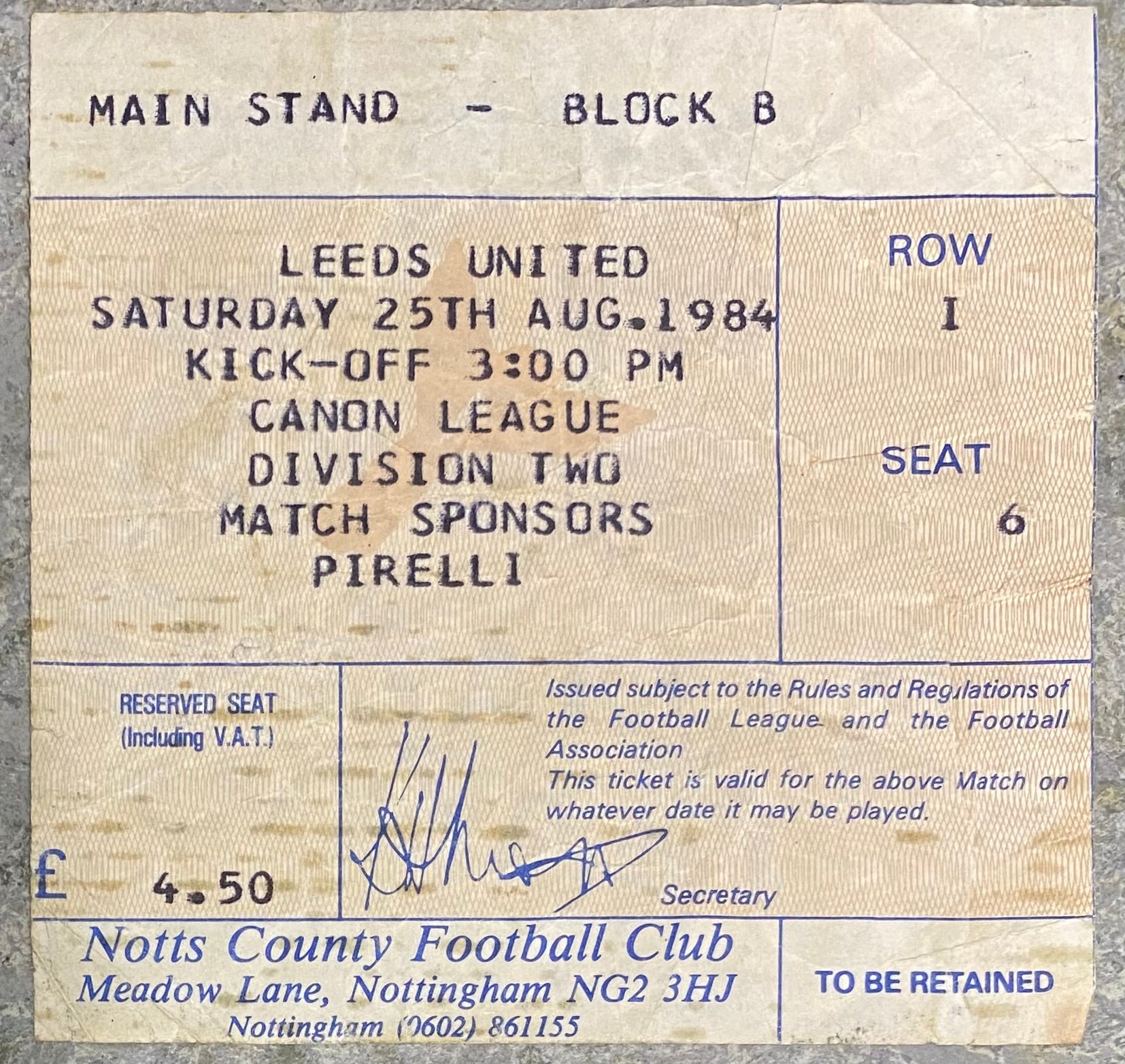 1984/85 ORIGINAL DIVISION TWO TICKET NOTTS COUNTY V LEEDS UNITED