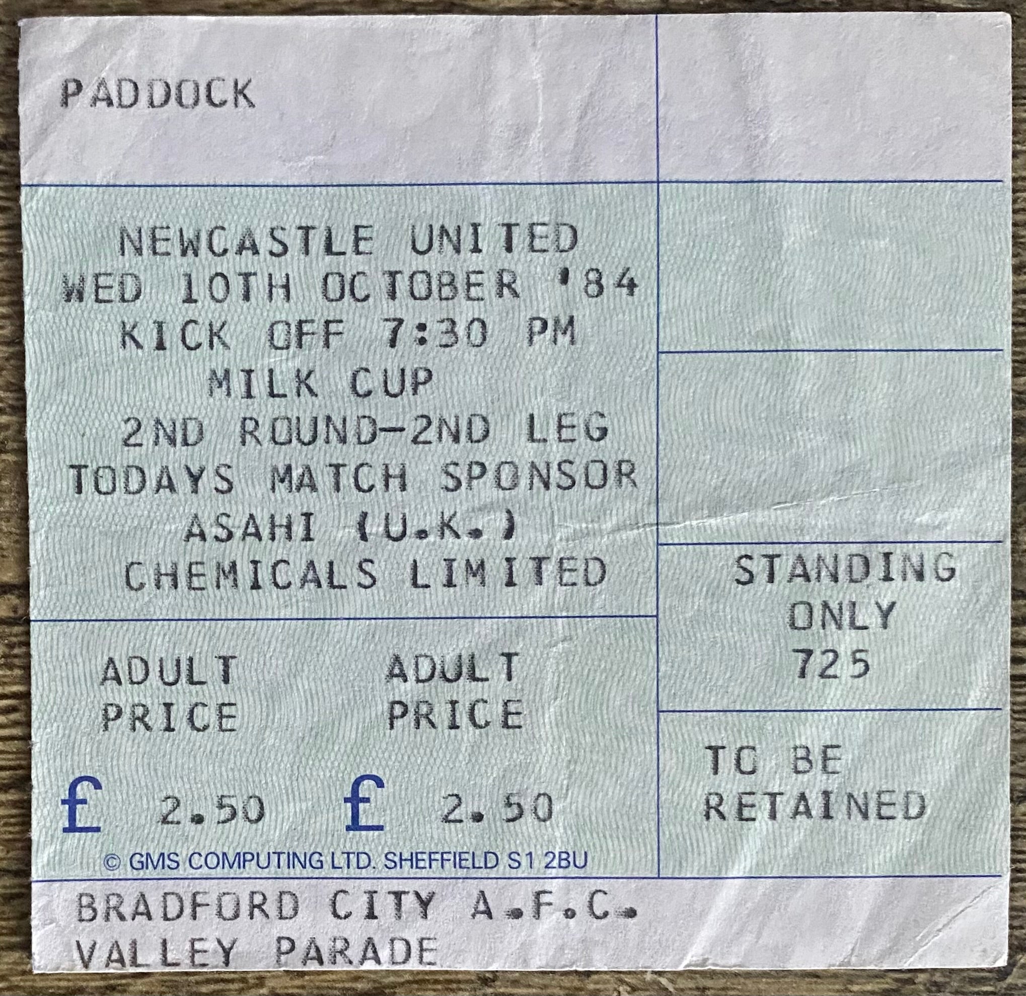 1984/85 ORIGINAL MILK CUP 2ND ROUND 2ND LEG TICKET BRADFORD CITY V NEWCASTLE UNITED