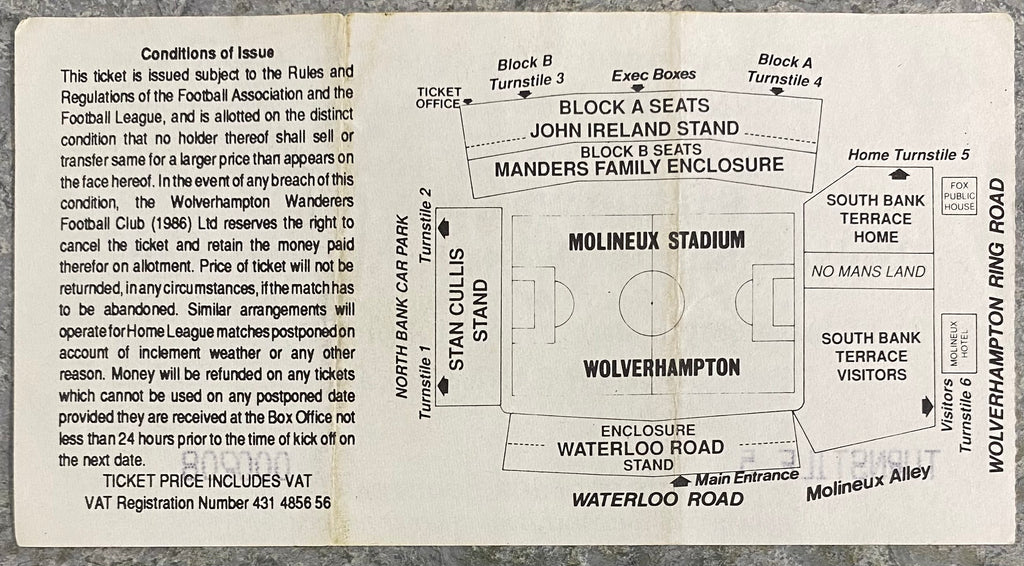 1992/93 ORIGINAL DIVISION 1 TICKET WOLVERHAMPTON WANDERERS V DERBY COUNTY