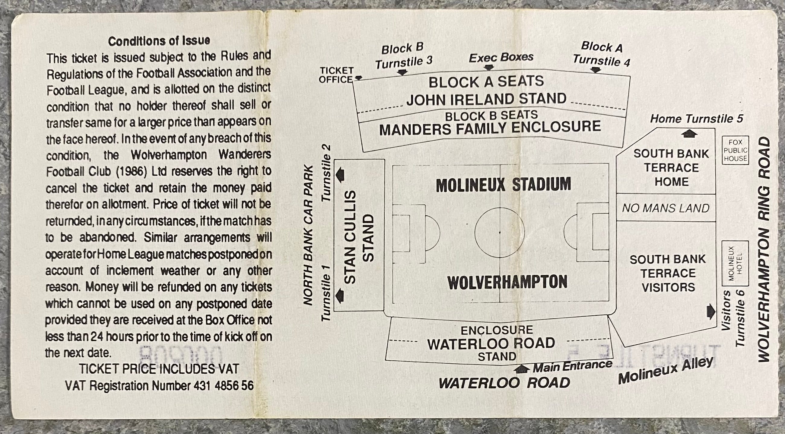 1992/93 ORIGINAL DIVISION 1 TICKET WOLVERHAMPTON WANDERERS V DERBY COUNTY