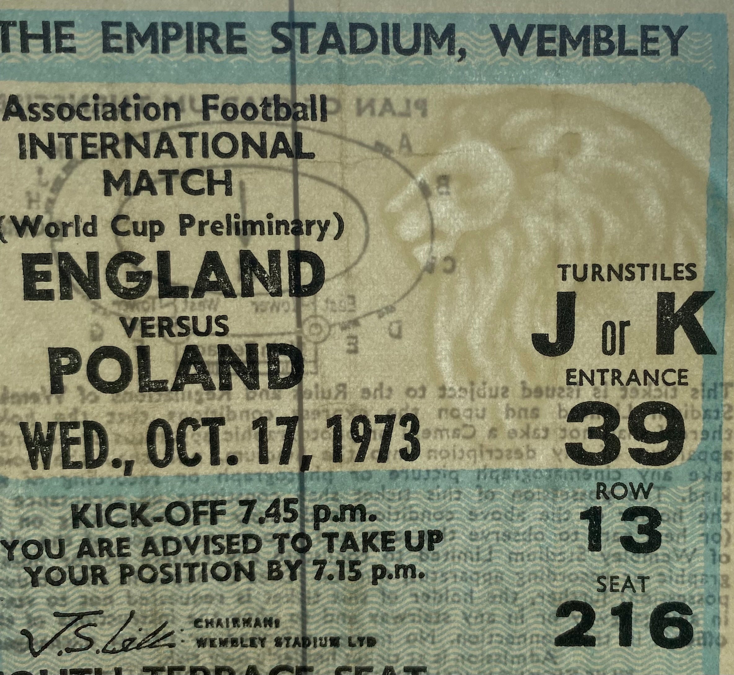 1973 ORIGINAL WORLD CUP QUALIFYING TICKET ENGLAND V POLAND