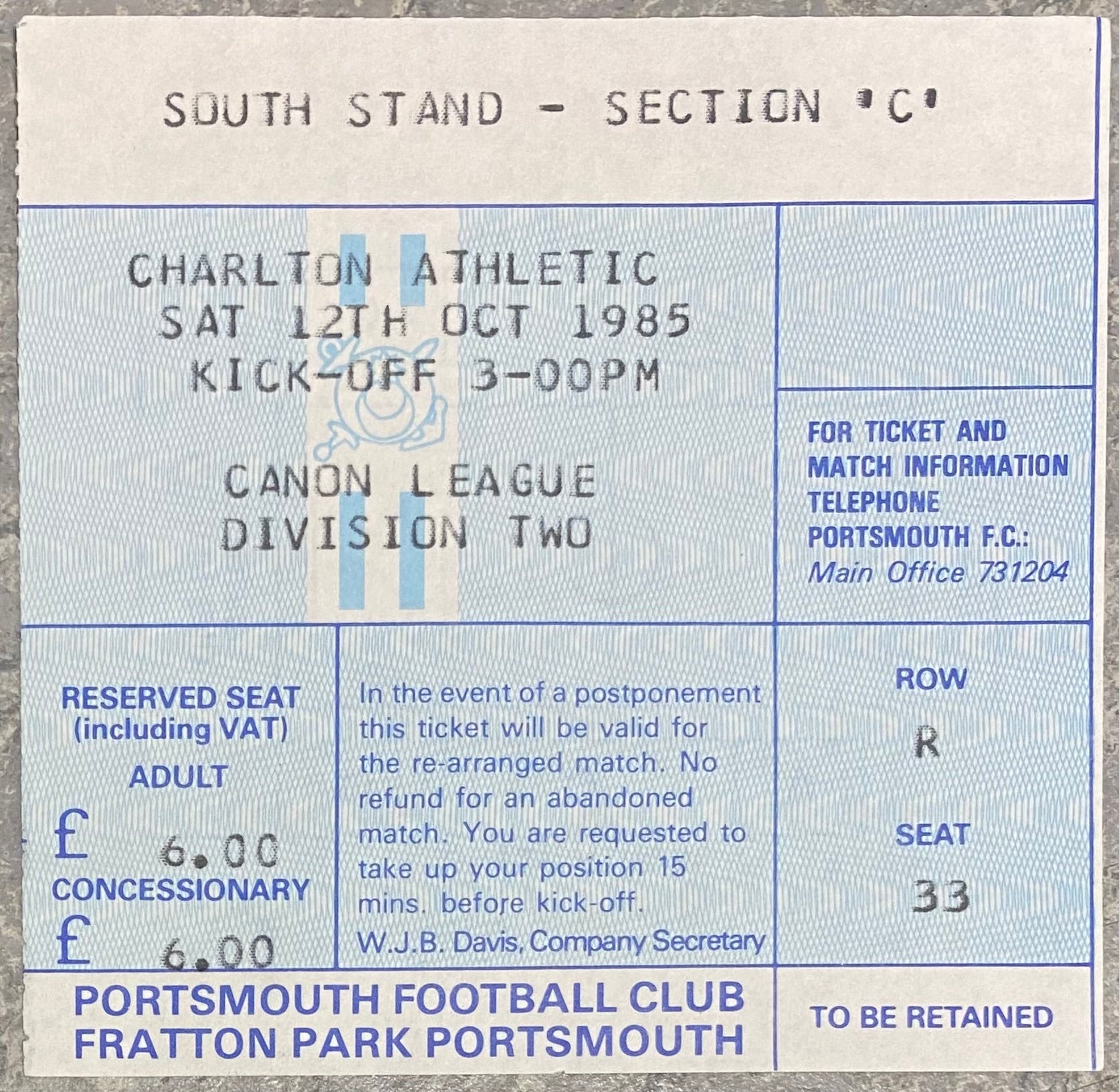 1985/86 ORIGINAL DIVISION TWO TICKET PORTSMOUTH V CHARLTON ATHLETIC