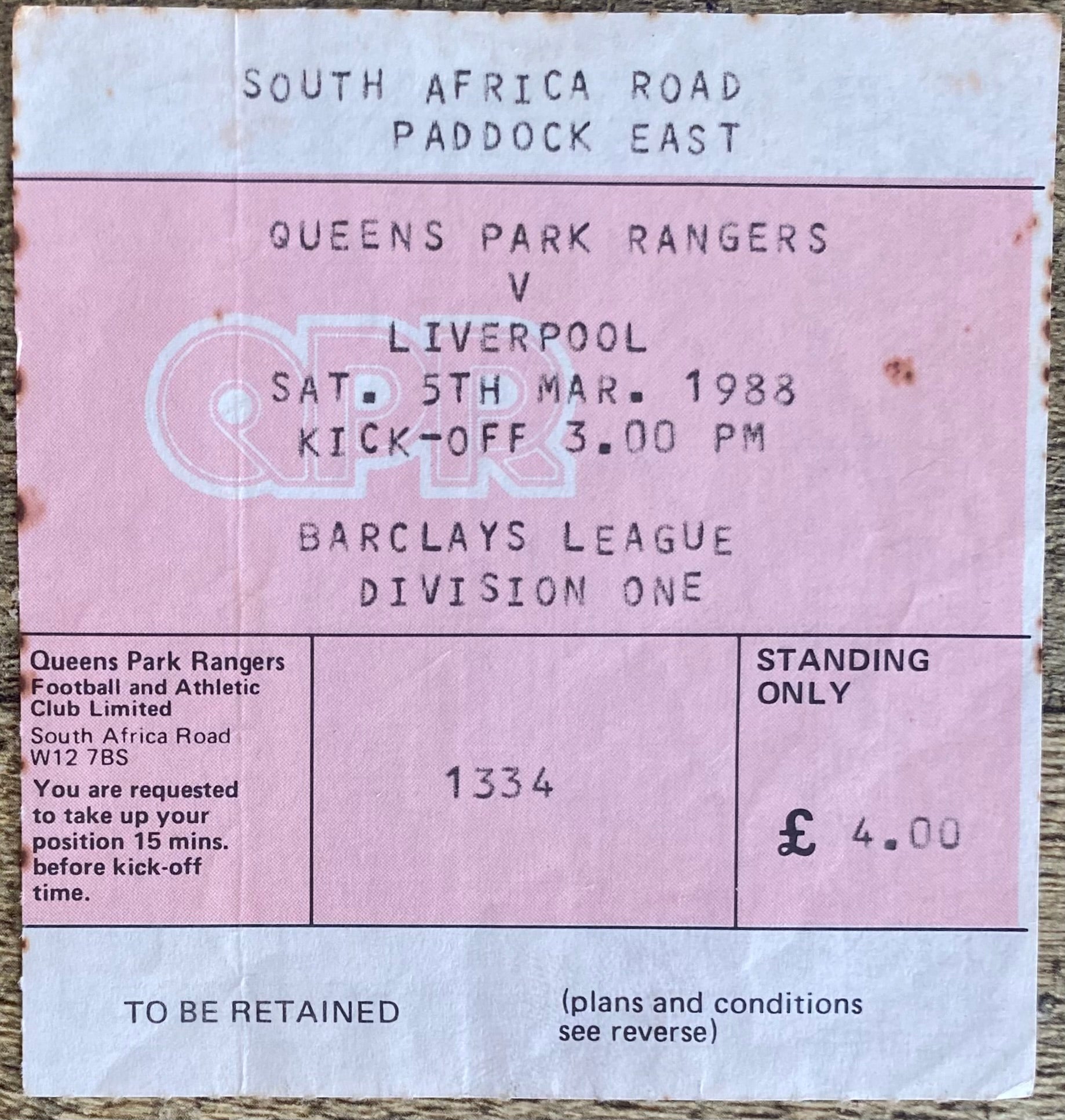 1987/88 ORIGINAL DIVISION ONE TICKET QUEENS PARK RANGERS V LIVERPOOL
