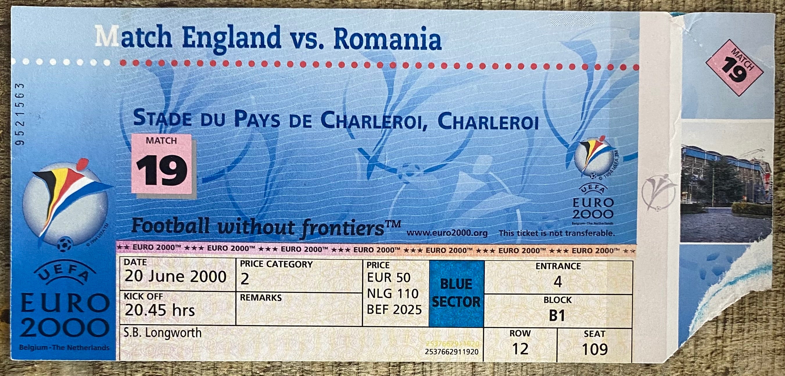 2000 ORIGINAL EUROPEAN CHAMPIONSHIPS EURO 2000 TICKET ENGLAND V ROMANIA @ CHARLEROI