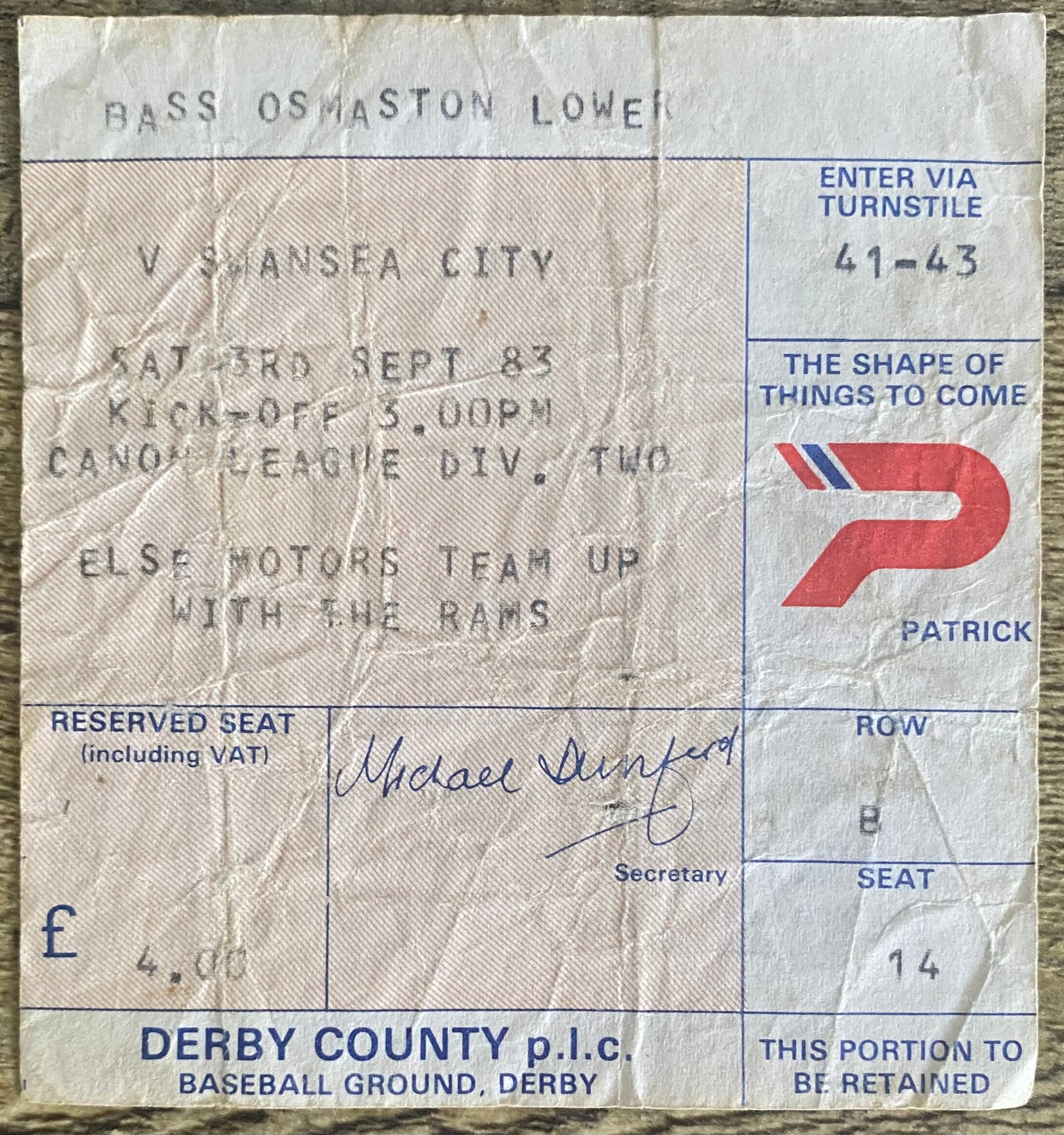 1983/84 ORIGINAL DIVISION 2 TICKET DERBY COUNTY V SWANSEA CITY