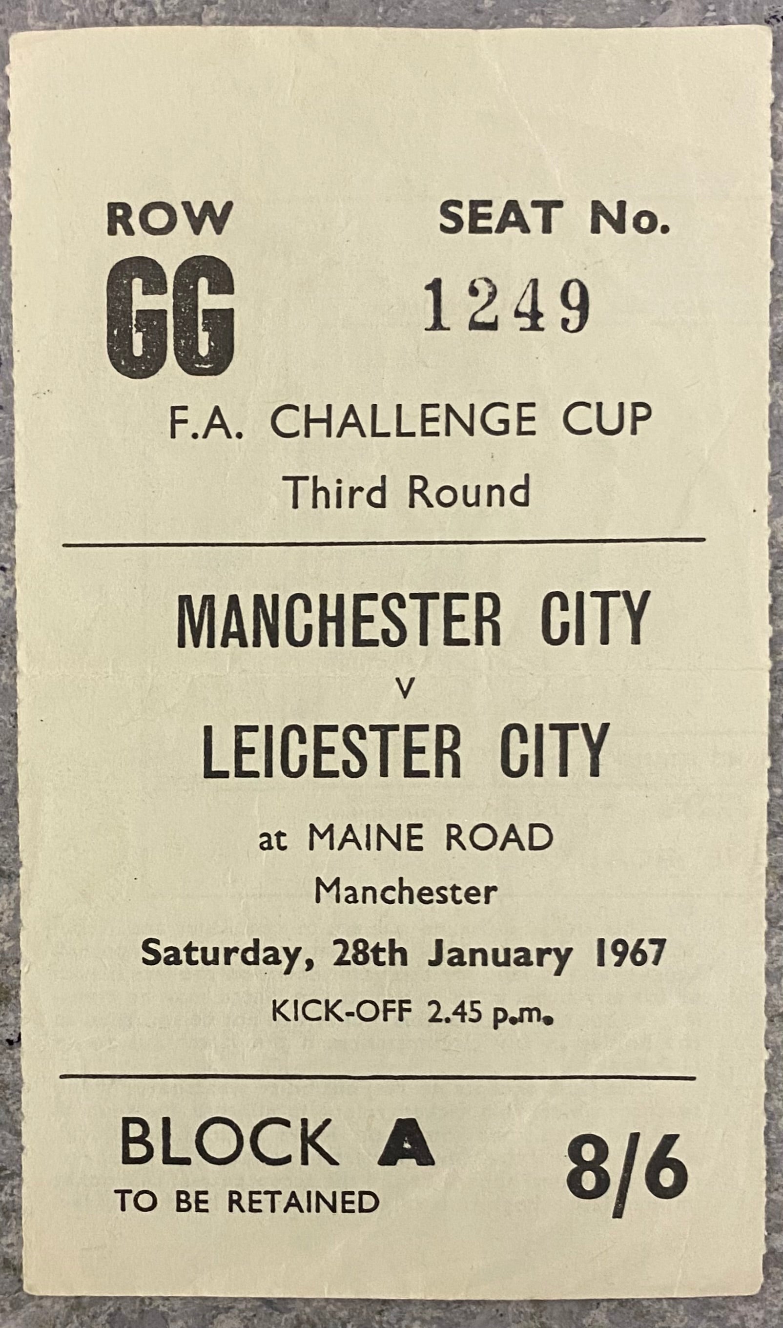 1966/67 ORIGINAL FA CUP 3RD ROUND TICKET MANCHESTER CITY V LEICESTER CITY