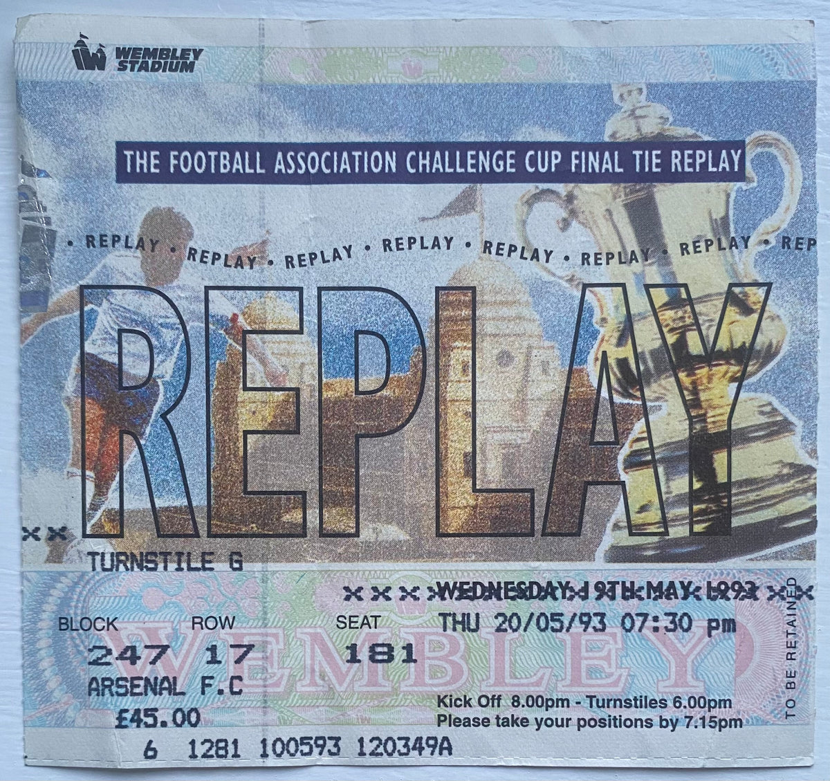1993 ORIGINAL FA CUP FINAL REPLAY TICKET ARSENAL V SHEFFIELD WEDNESDAY