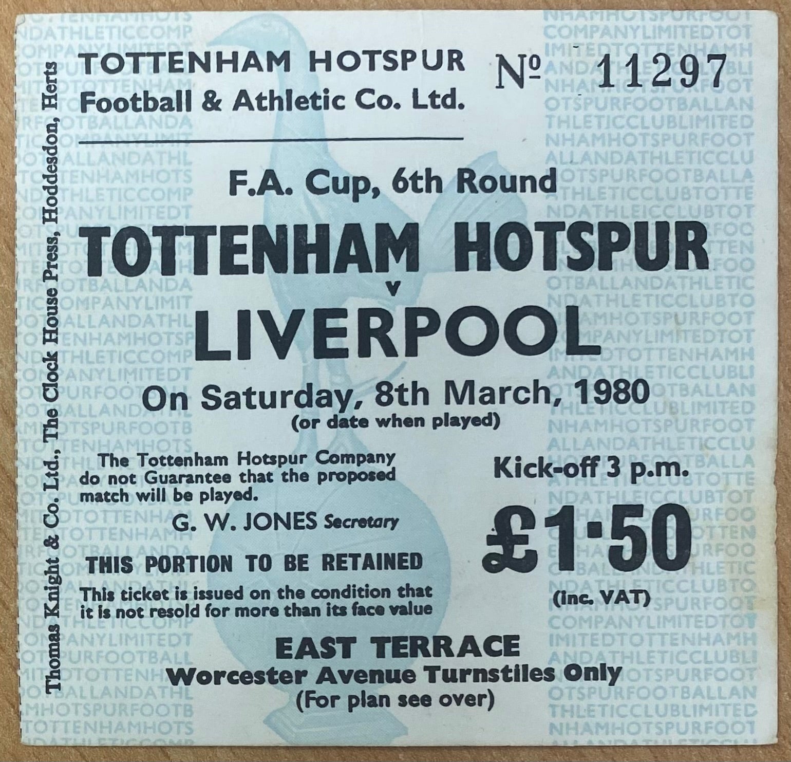 1979/80 ORIGINAL FA CUP 6TH ROUND TICKET TOTTENHAM HOTSPUR V LIVERPOOL