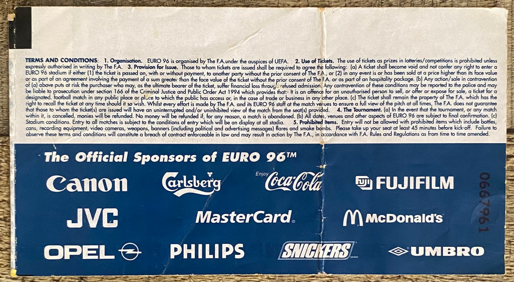 1996 ORIGINAL EUROPEAN CHAMPIONSHIPS EURO 96 OPENING MATCH TICKET ENGLAND V SWITZERLAND @ WEMBLEY