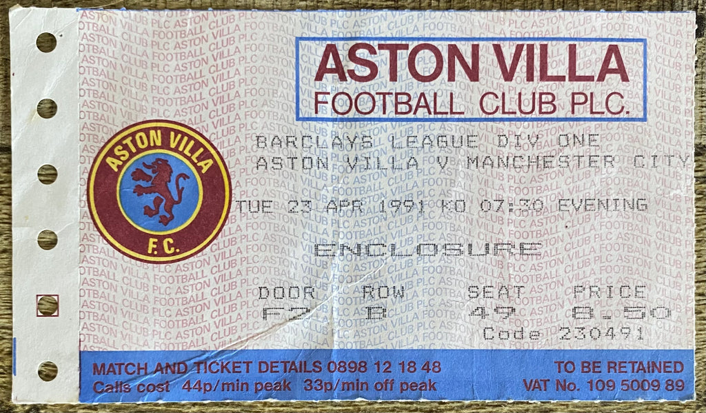 1990/91 ORIGINAL DIVISION 1 TICKET ASTON VILLA V MANCHESTER CITY