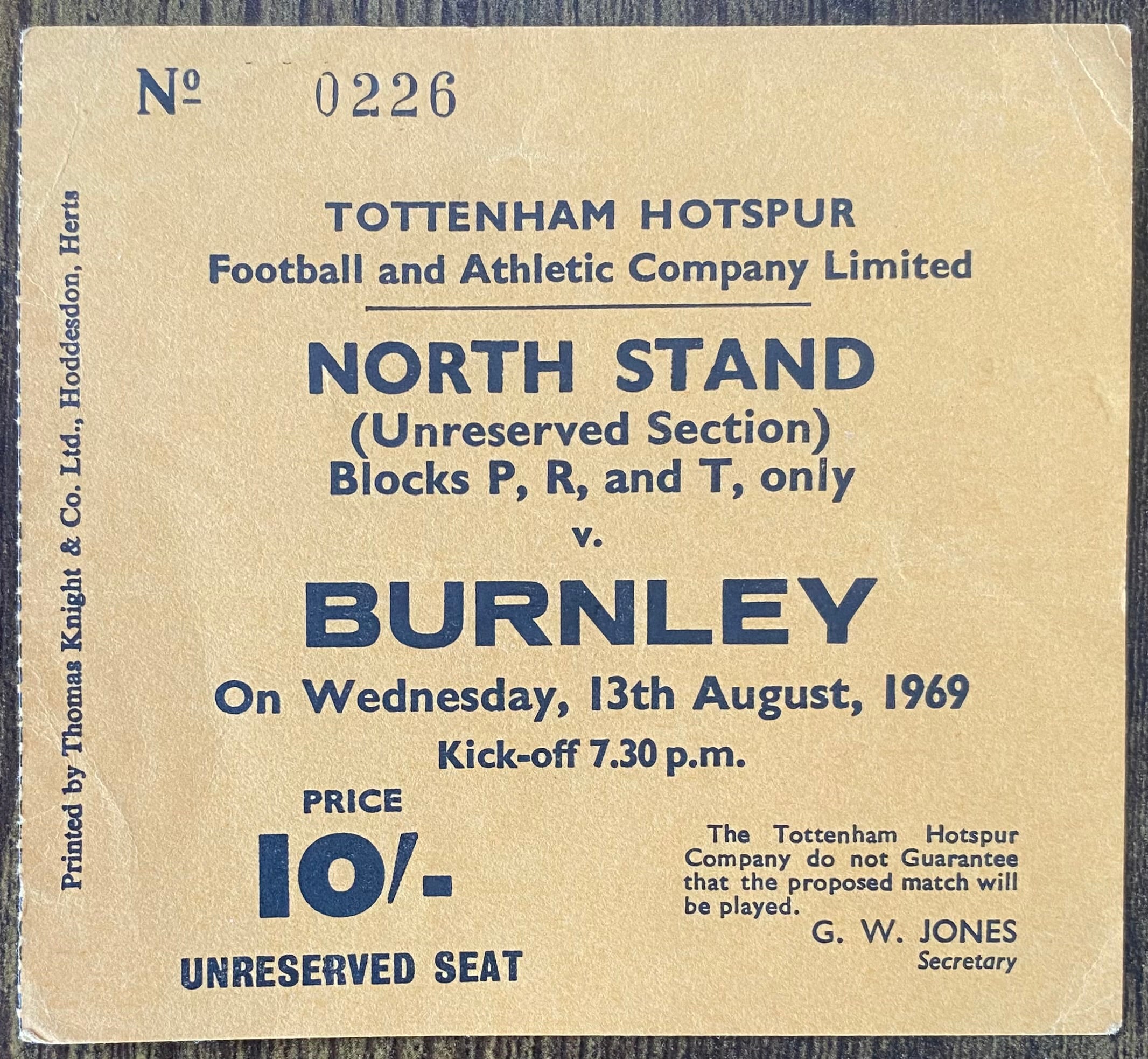 1969/70 ORIGINAL DIVISION ONE TICKET TOTTENHAM HOTSPUR V BURNLEY