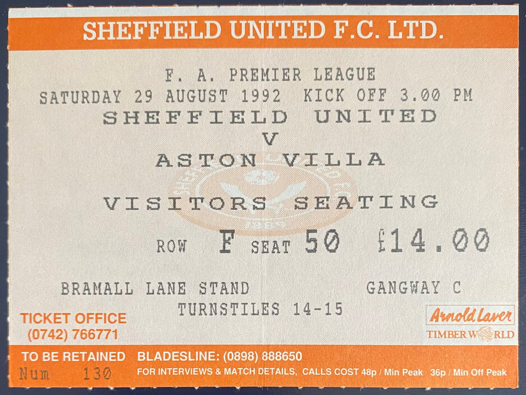 1992/93 ORIGINAL PREMIER LEAGUE TICKET SHEFFIELD UNITED V ASTON VILLA