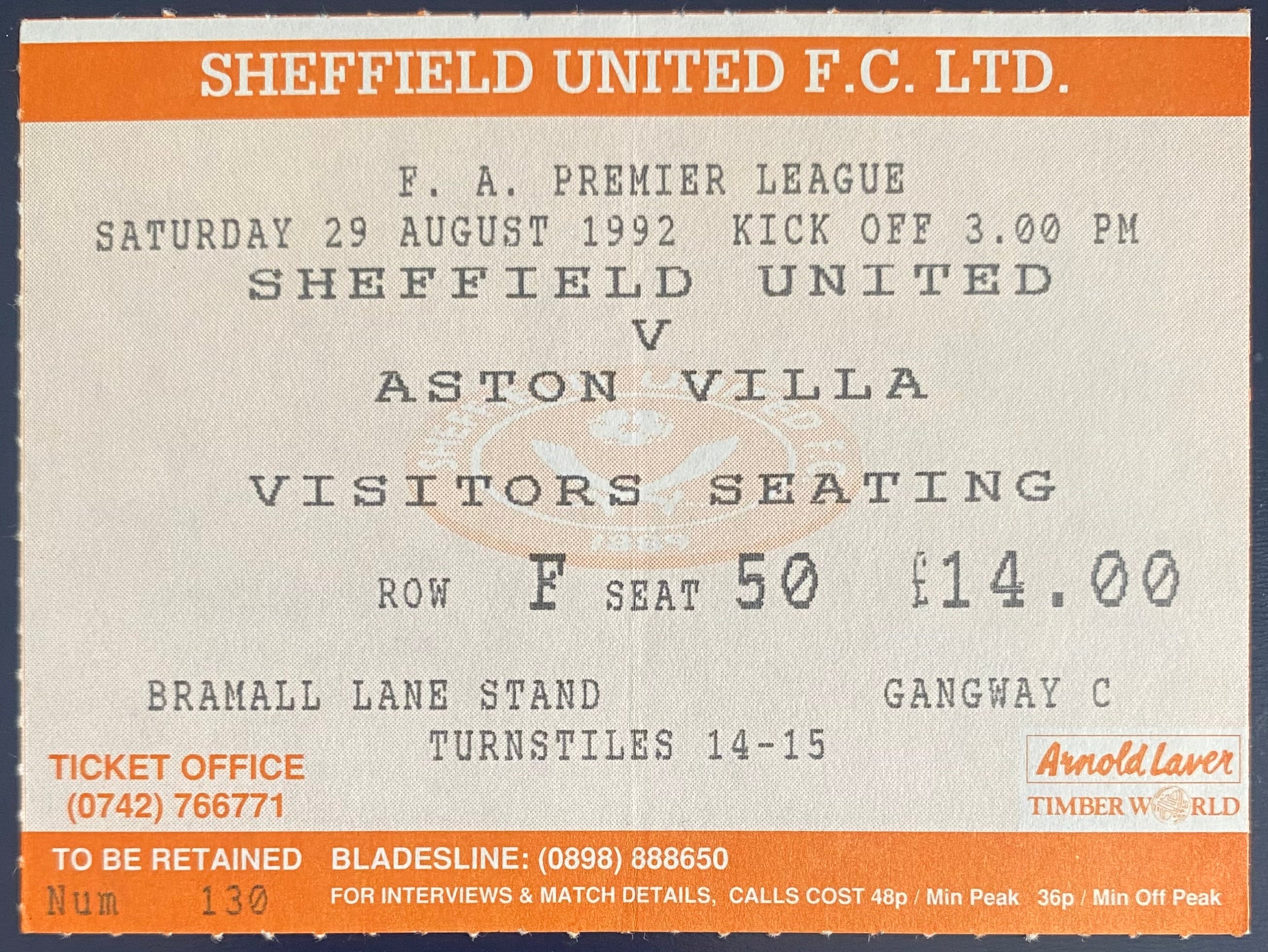 1992/93 ORIGINAL PREMIER LEAGUE TICKET SHEFFIELD UNITED V ASTON VILLA