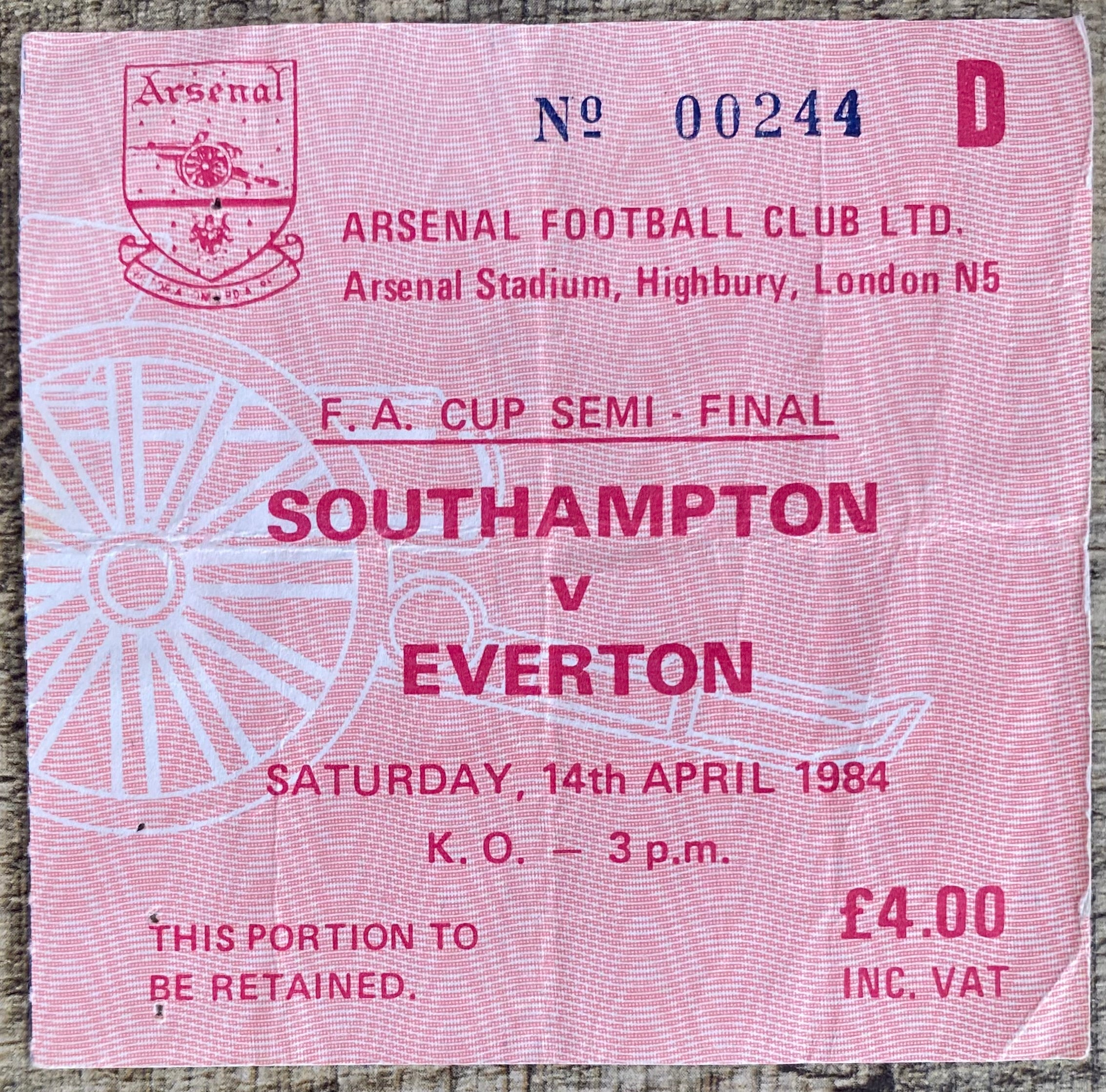 1984 ORIGINAL FA CUP SEMI FINAL TICKET SOUTHAMPTON V EVERTON @ HIGHBURY