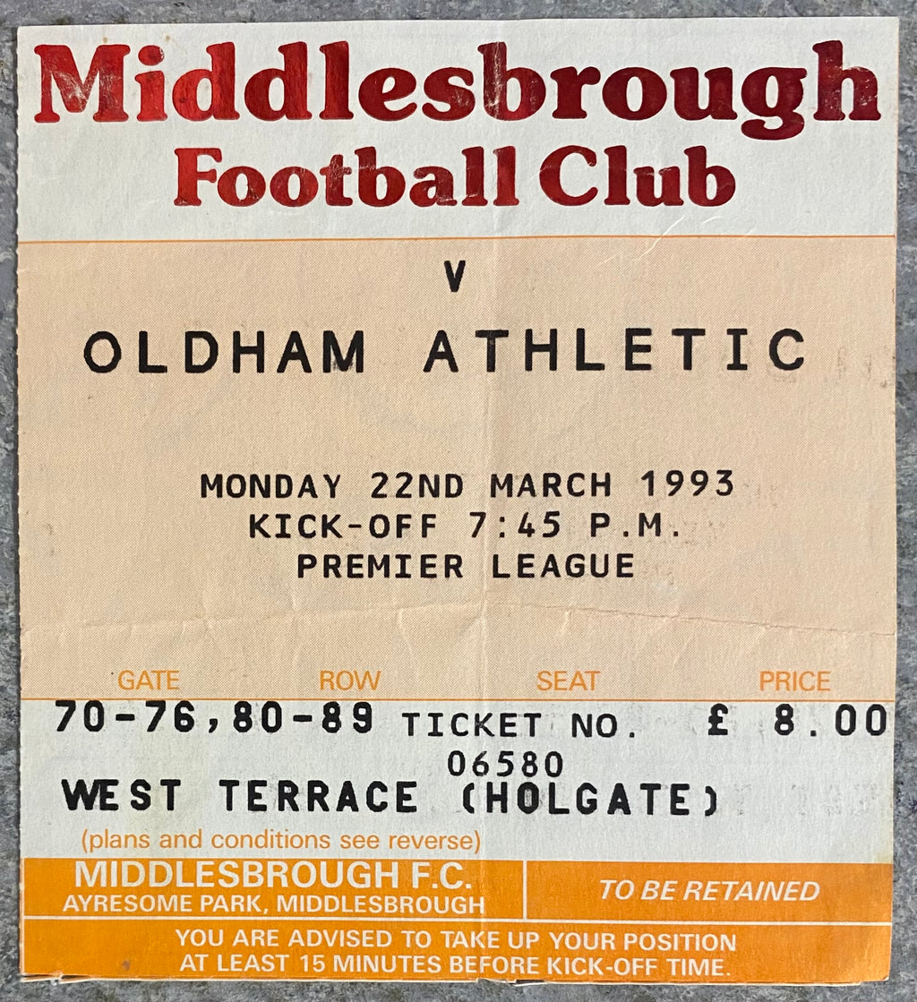 1992/93 ORIGINAL PREMIER LEAGUE TICKET MIDDLESBROUGH V OLDHAM ATHLETIC